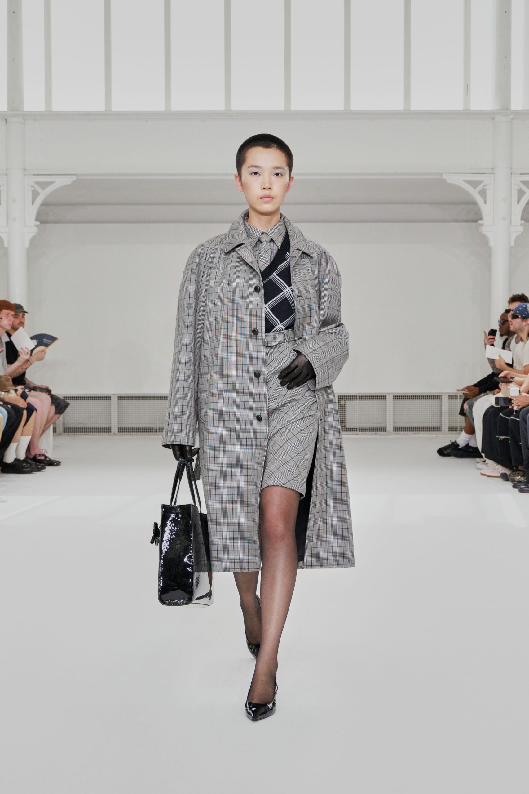 gray wool long-sleeve collared structured checked midi coat