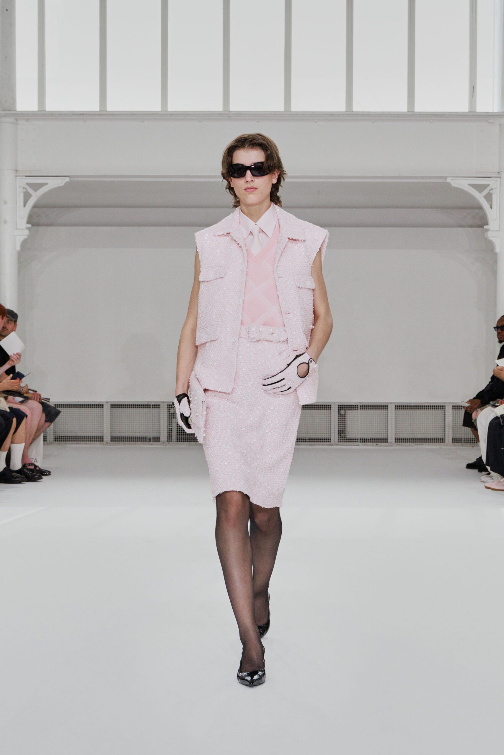 pink tweed sleeveless fitted textured vest