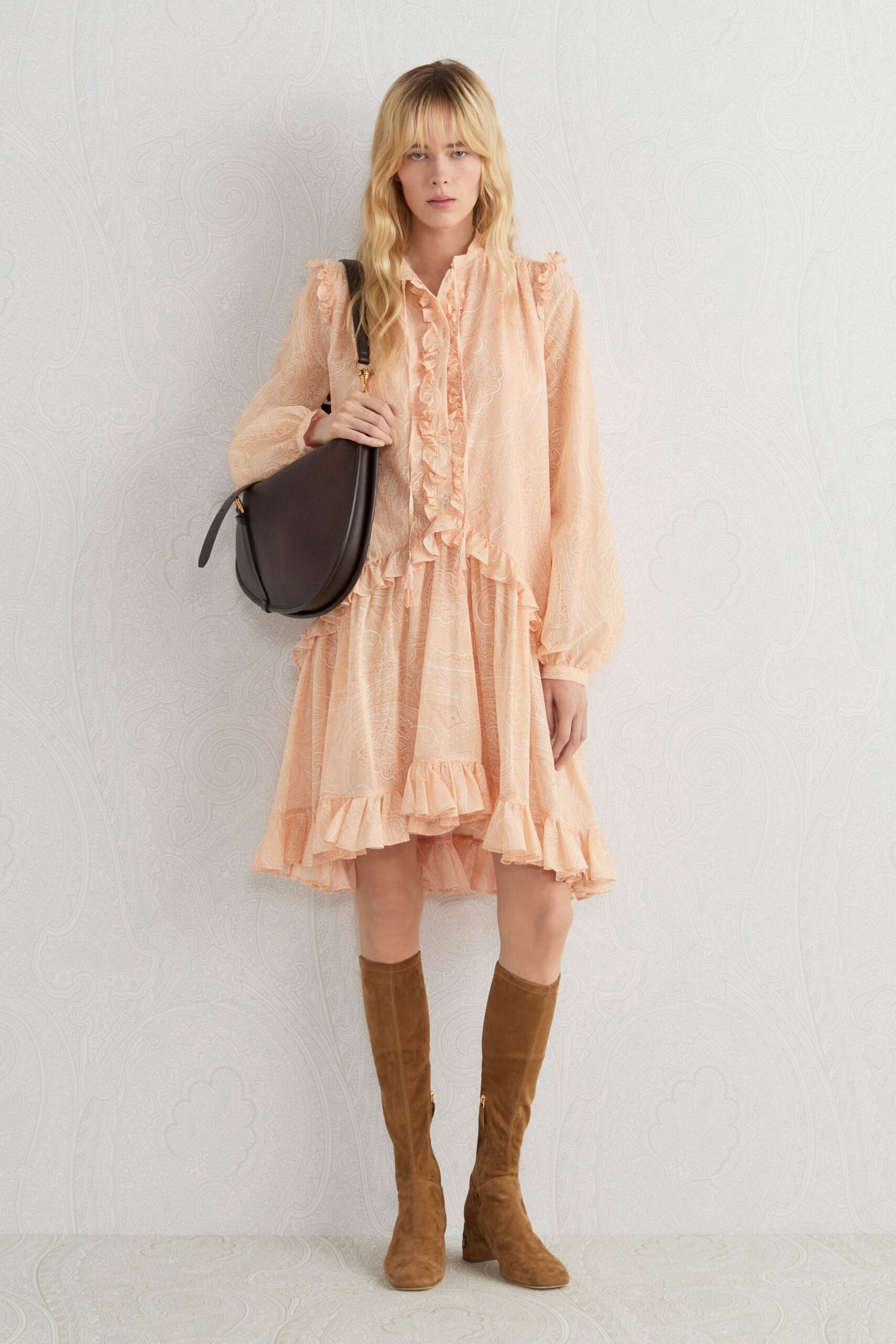 coral silk long-sleeve collared relaxed ruffled tiered dress