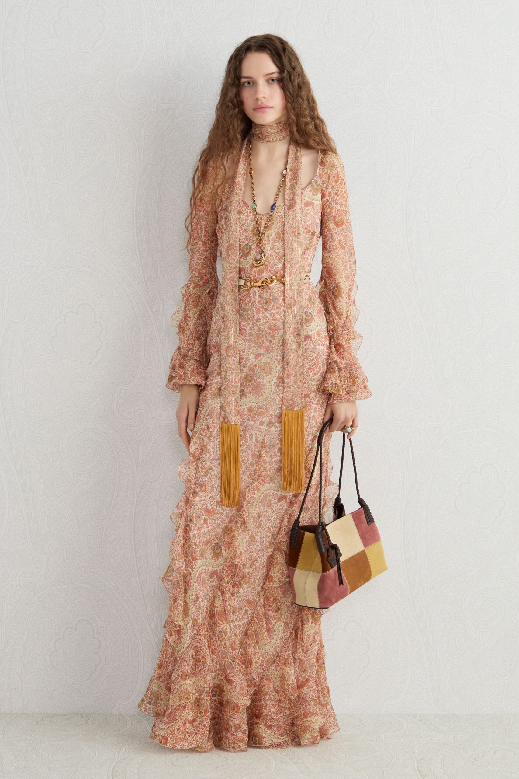 orange silk long-sleeve v-neck fitted flared ruffled gown