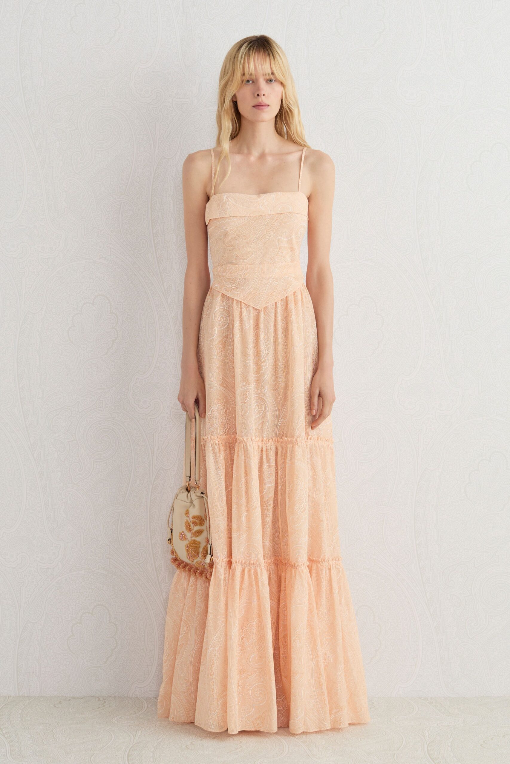 coral lace sleeveless strapless fitted tiered embroidered gown
