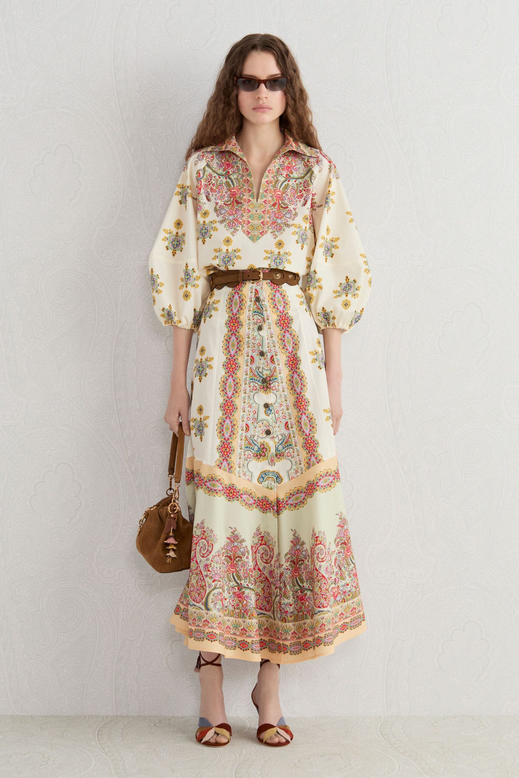 white cotton long-sleeve collared relaxed embroidered tiered dress