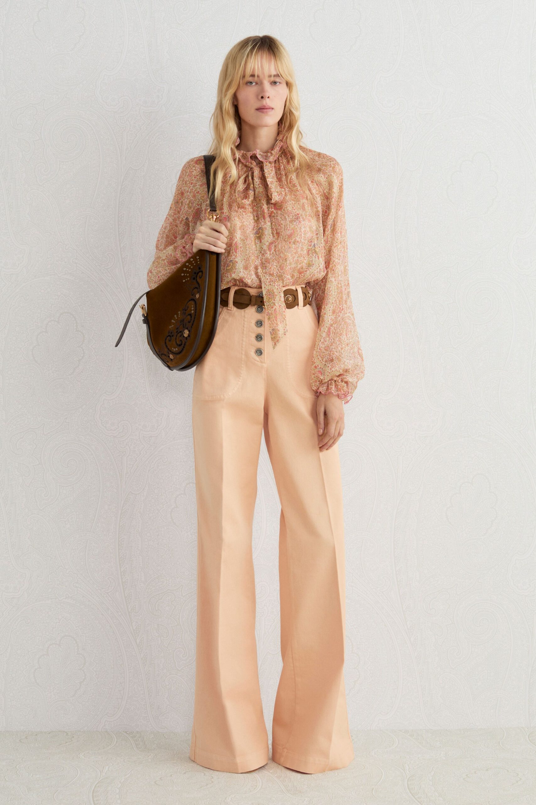 beige cotton fitted flared pants