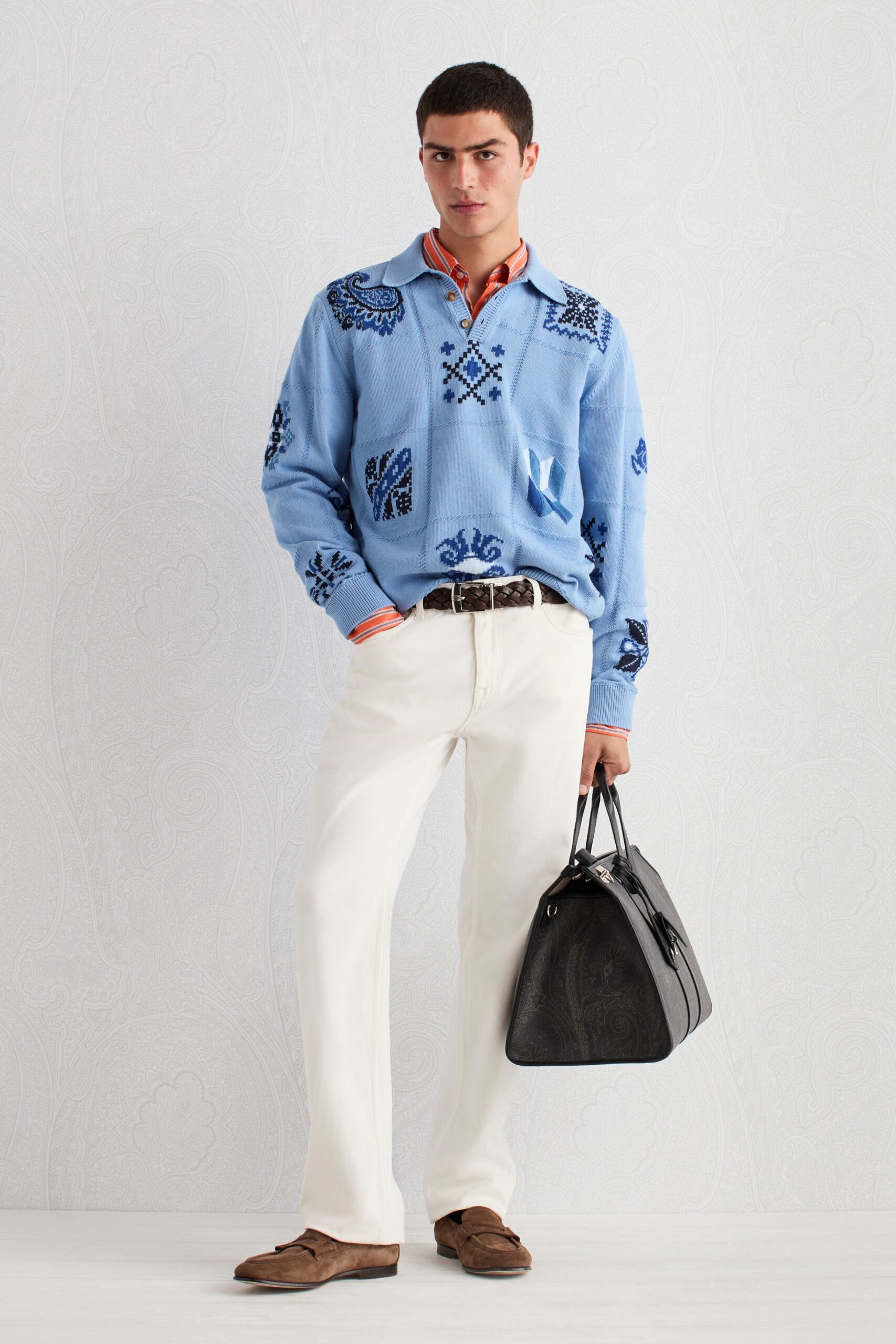 blue cotton long-sleeve collared relaxed embroidered shirt