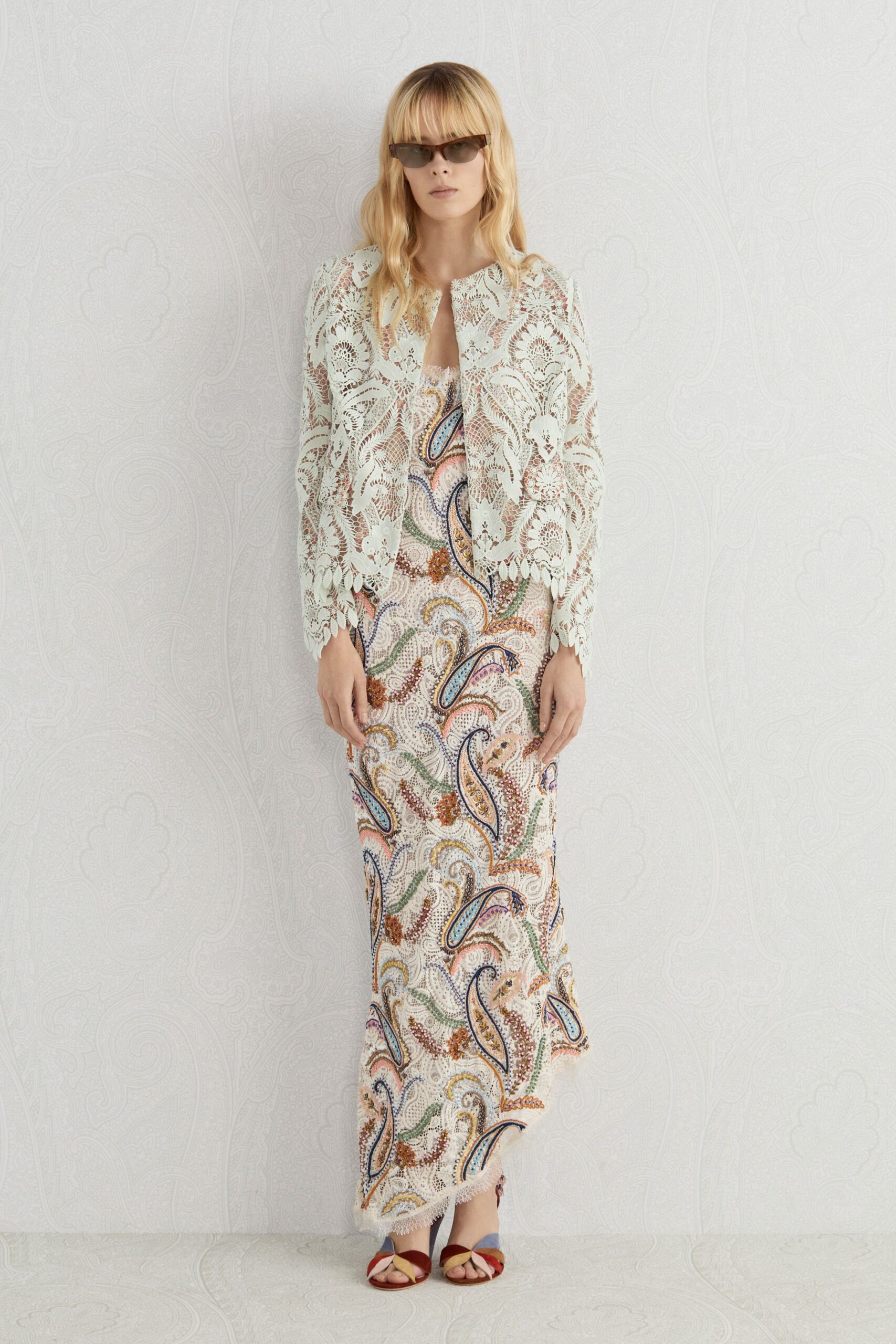 multi-colored silk gown with lace jacket