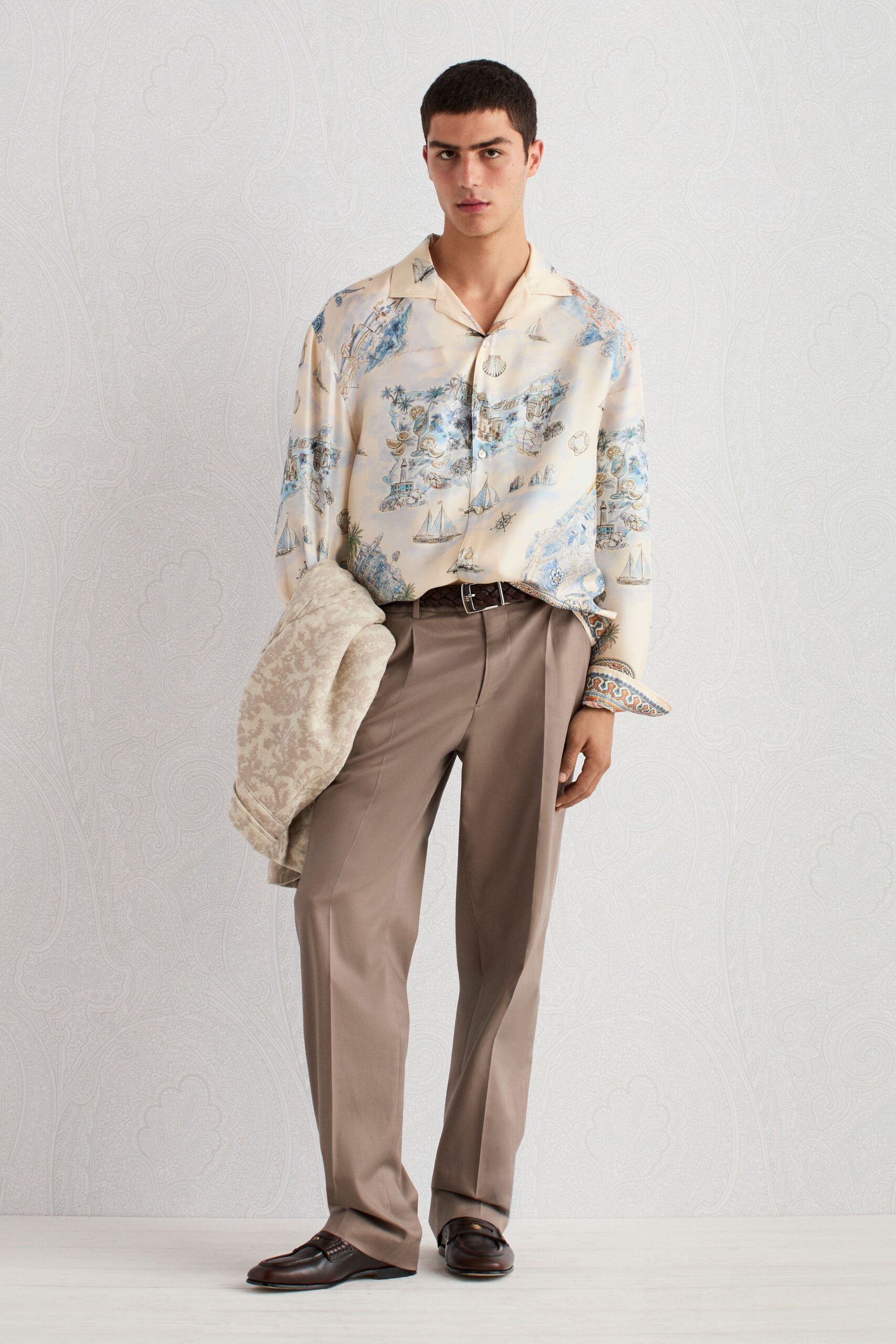 brown cotton tailored straight-leg pants