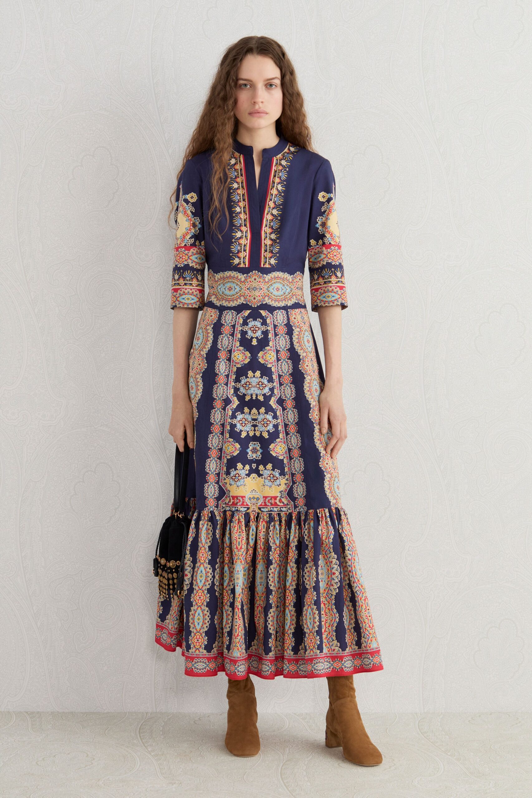 blue cotton long-sleeve collared fitted printed tiered dress