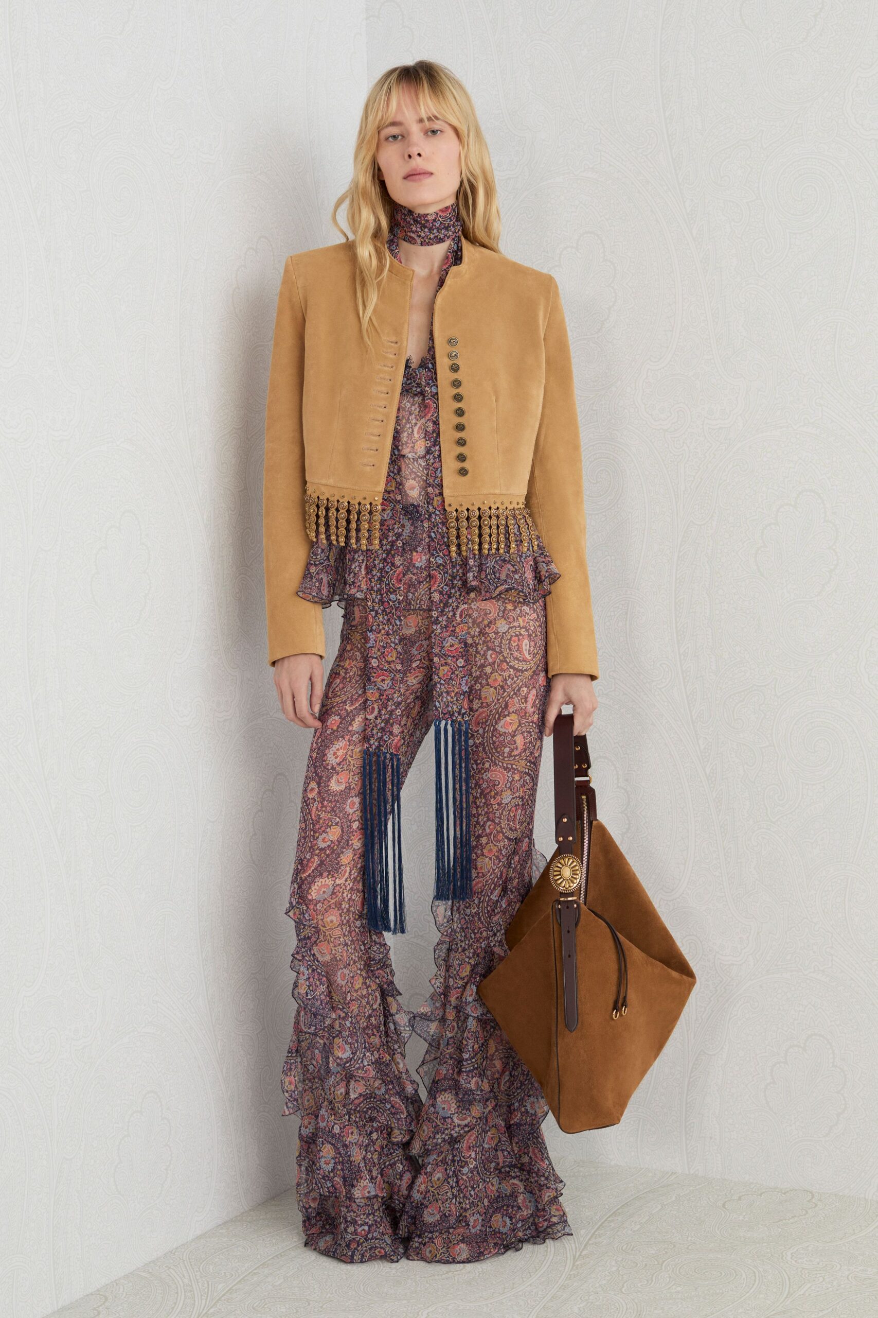 brown suede long-sleeve collared fitted fringed buttoned jacket
