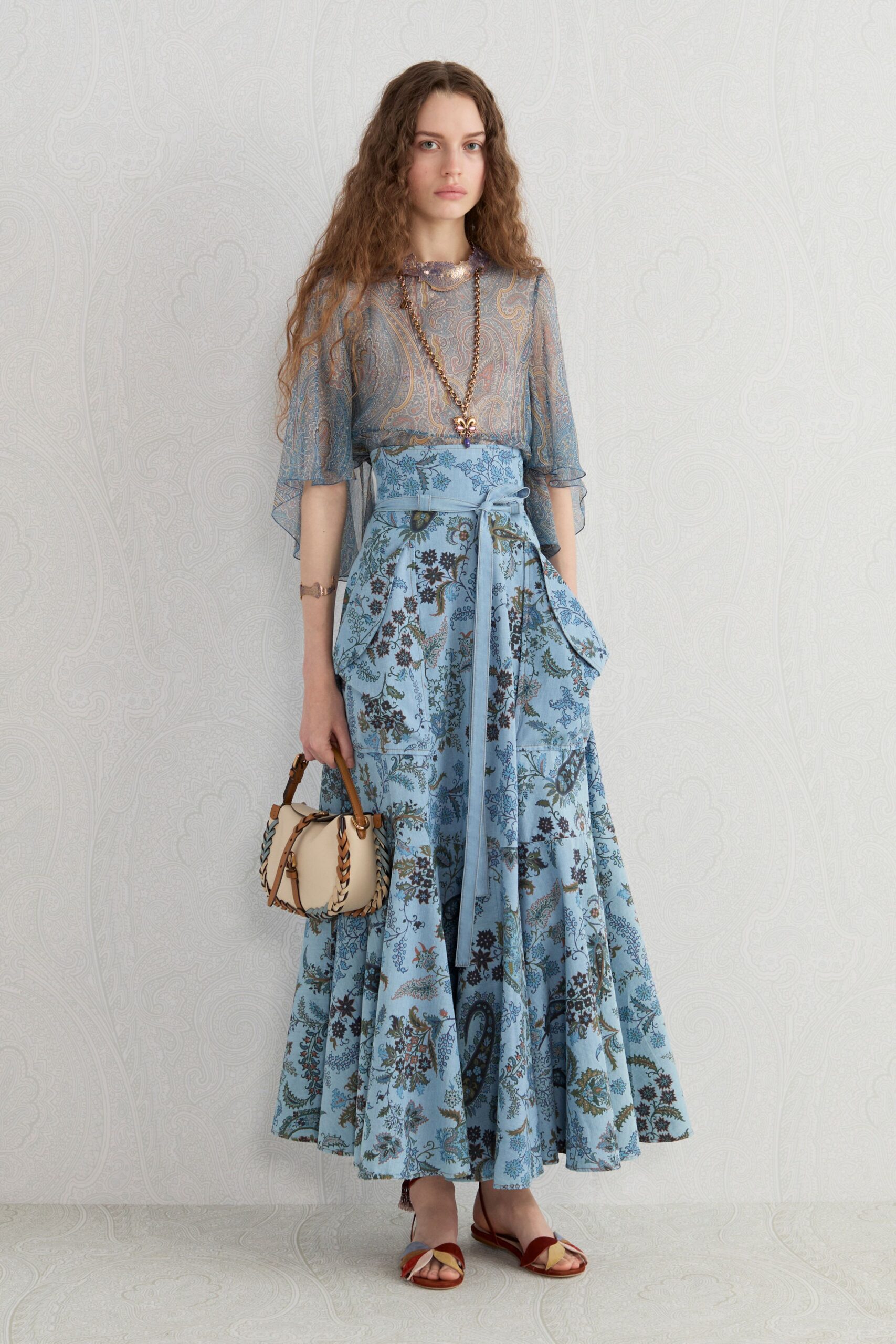 blue lace short-sleeve high-neck relaxed floral sheer top