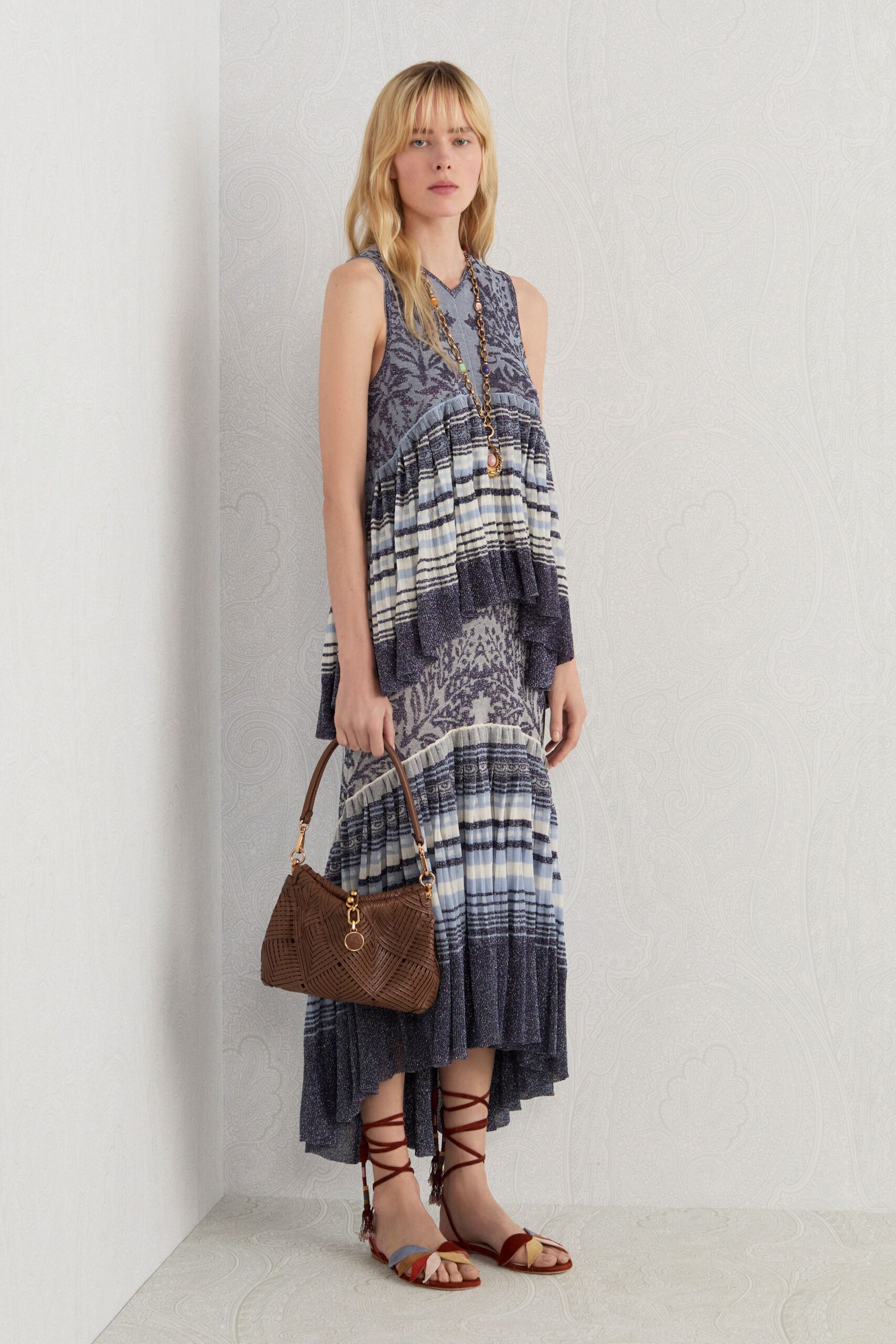blue cotton sleeveless high-neck relaxed tiered printed dress