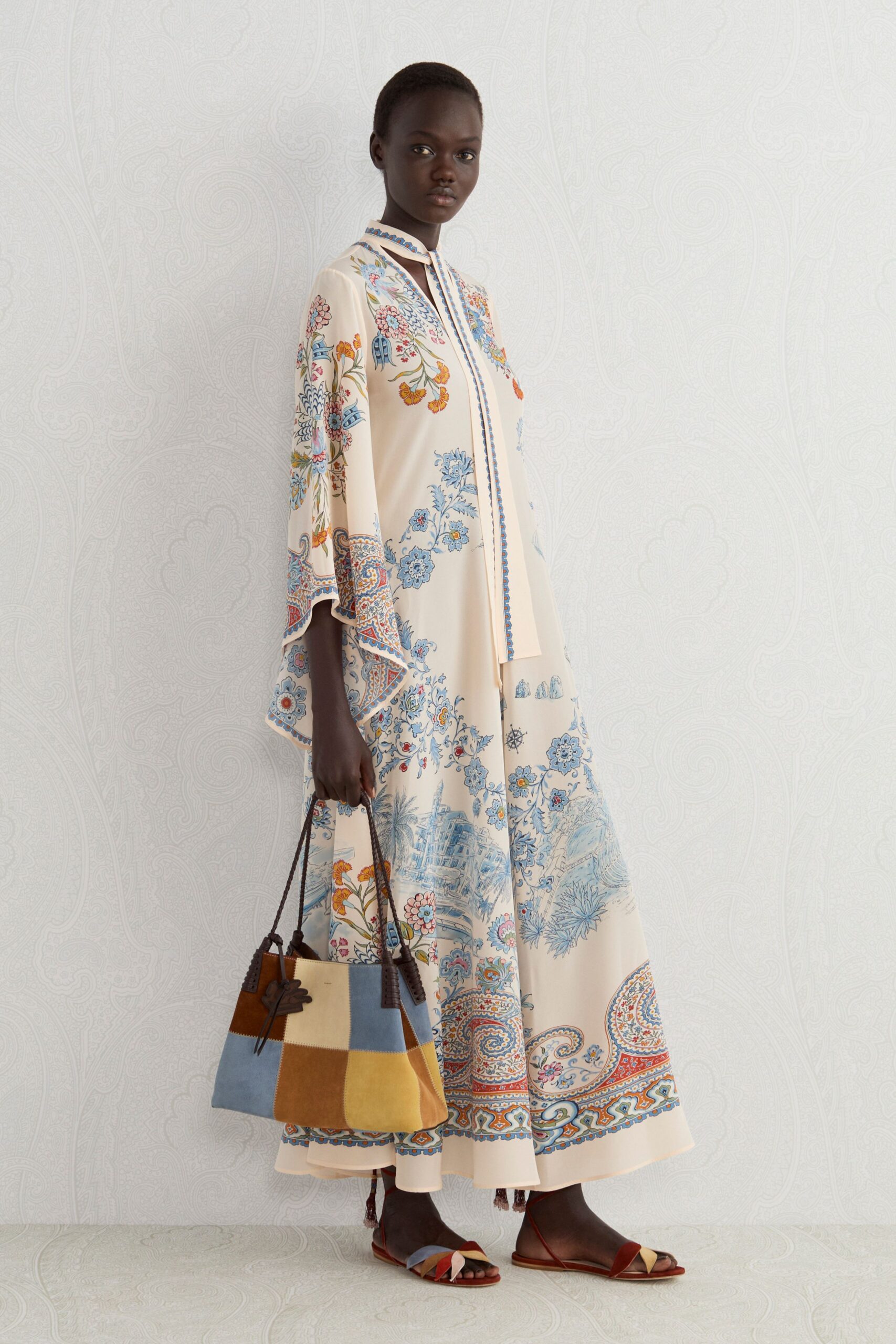 beige silk long-sleeve collared relaxed printed tiered dress