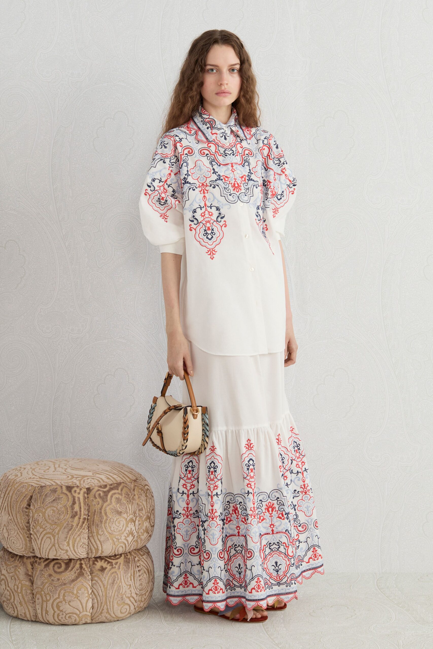 white cotton long-sleeve collared relaxed embroidered tiered shirt-dress
