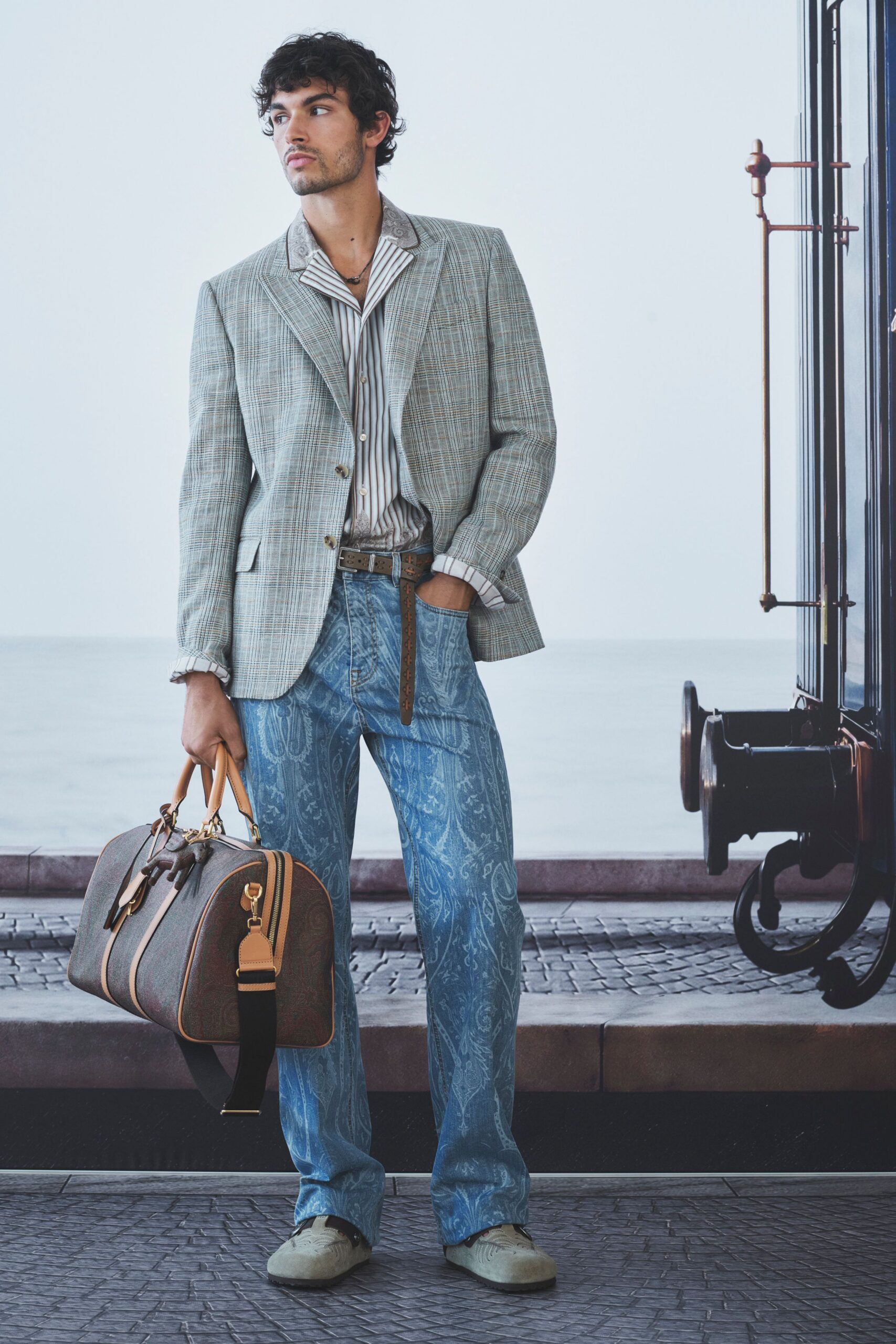 gray tailored blazer with striped shirt