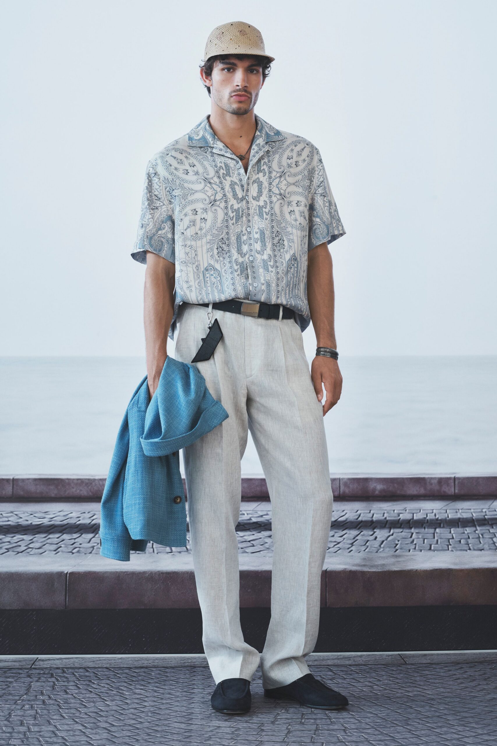 blue printed short-sleeve shirt with beige pants