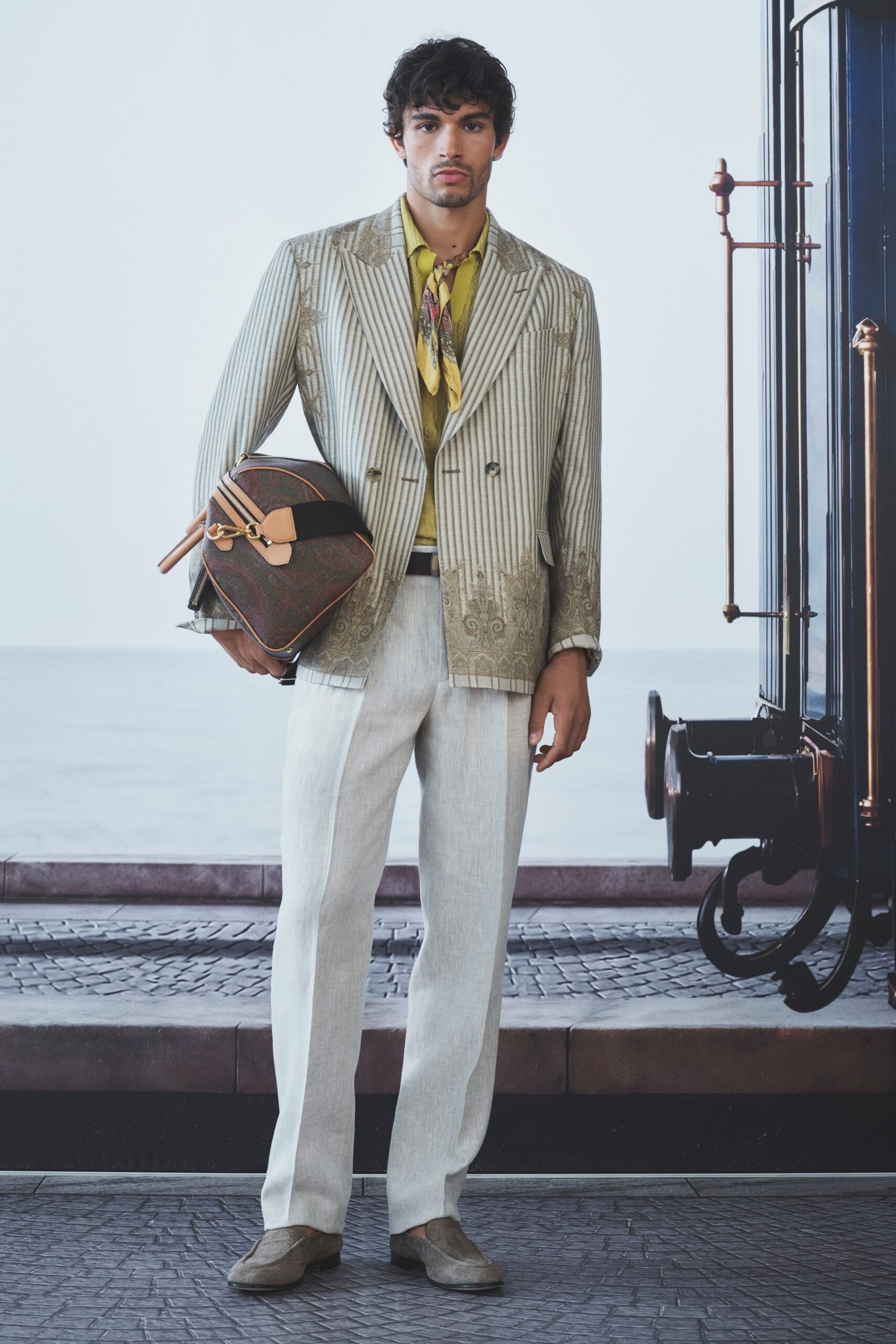 beige silk long-sleeve collared tailored embroidered buttoned blazer