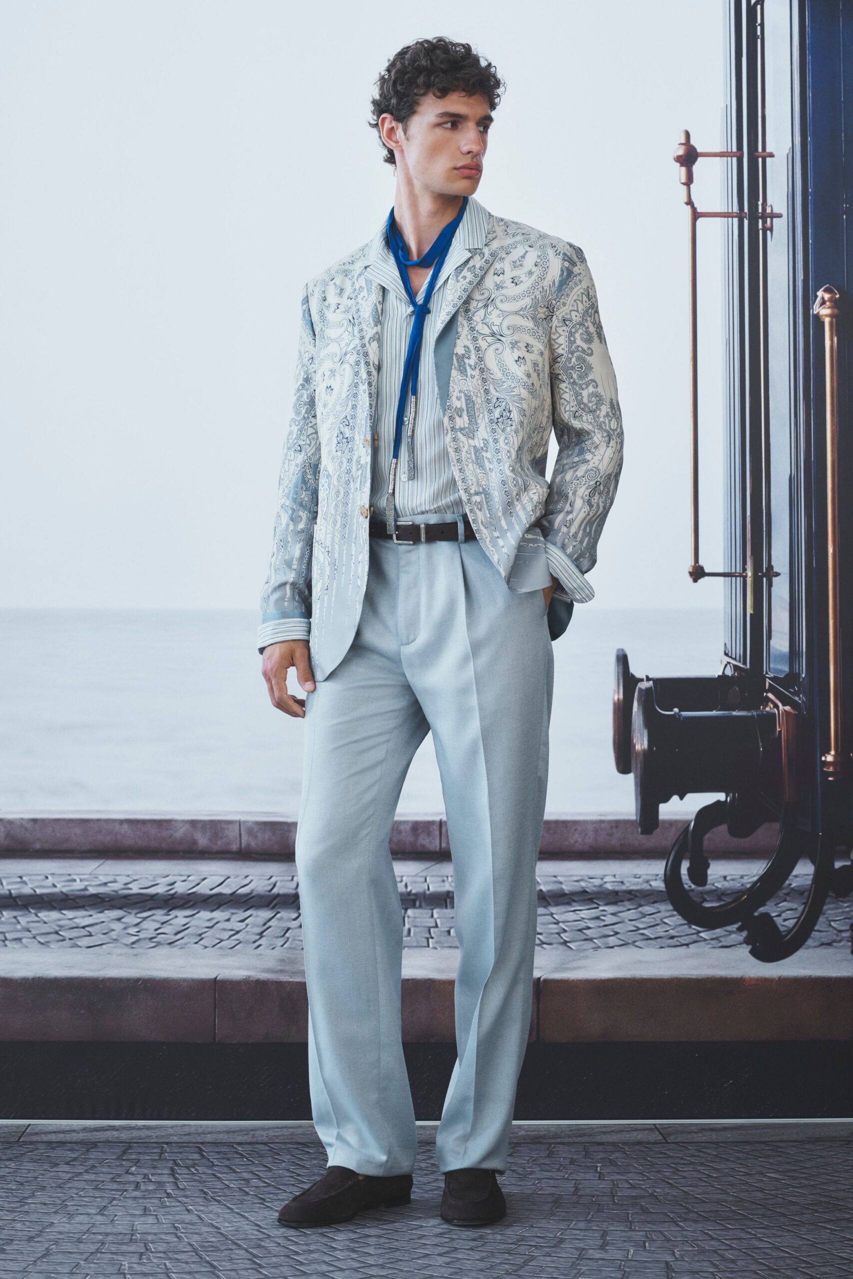 blue embroidered blazer with scarf