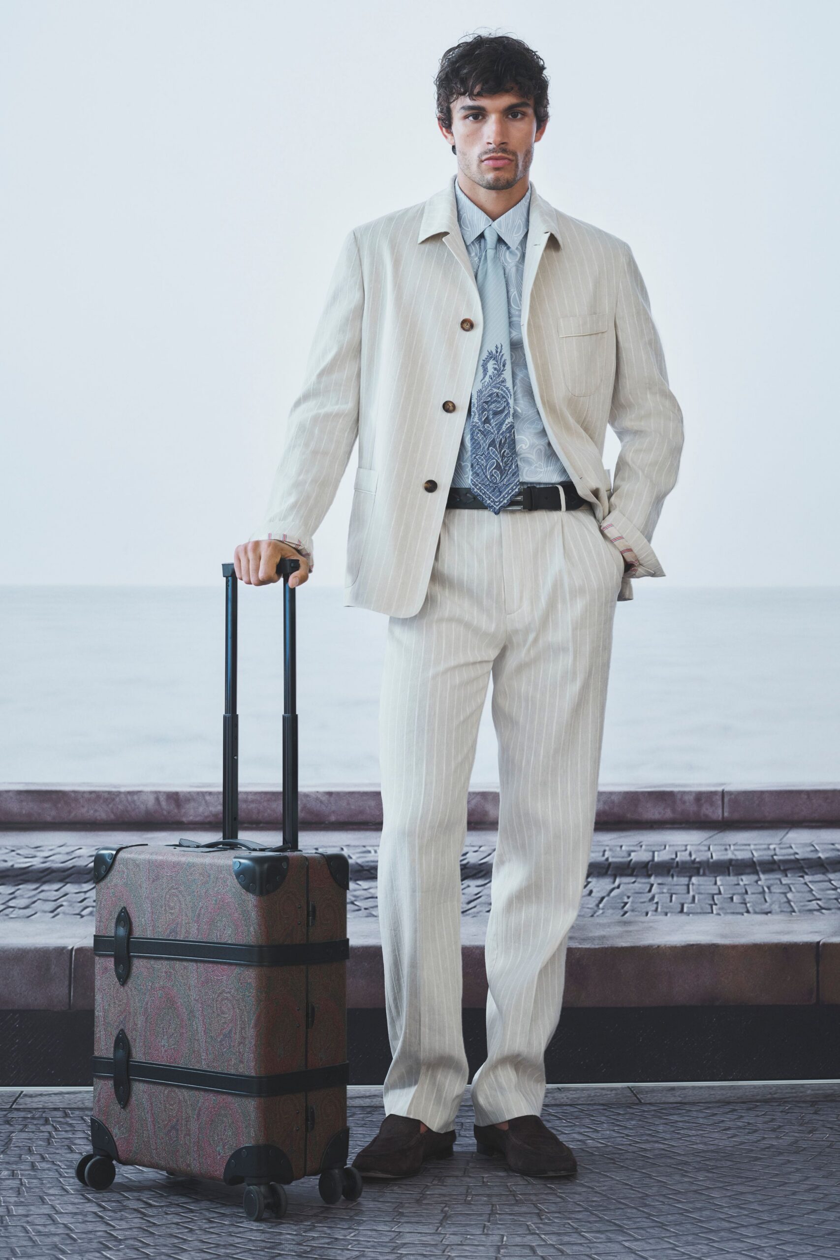 beige cotton long-sleeve collared tailored striped buttoned suit