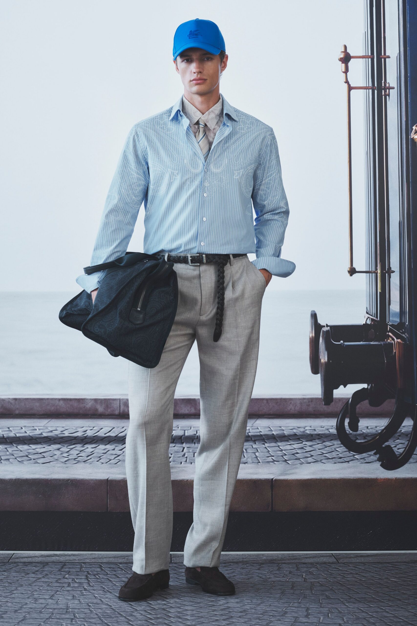 blue striped shirt gray pants