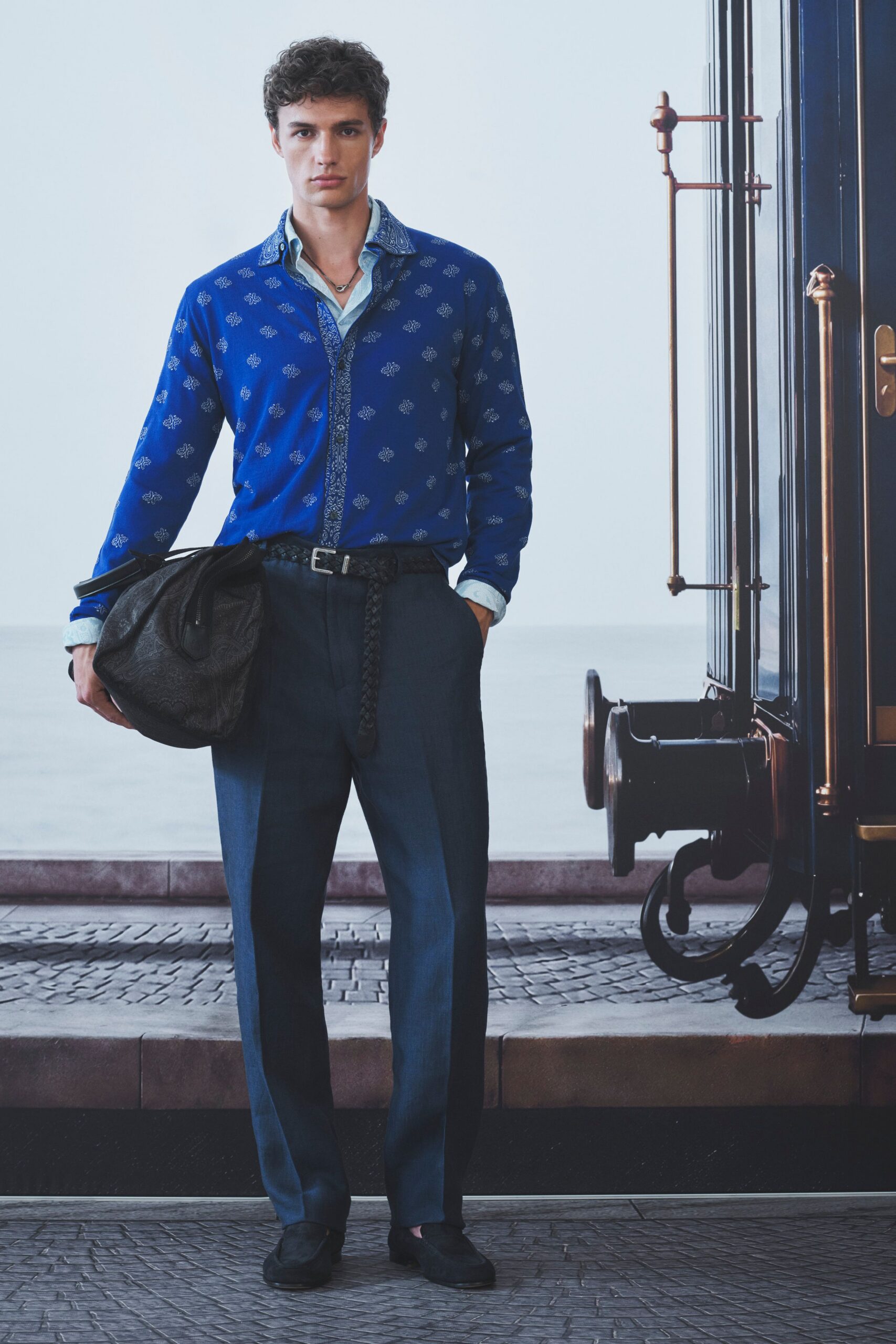 blue printed shirt gray pants