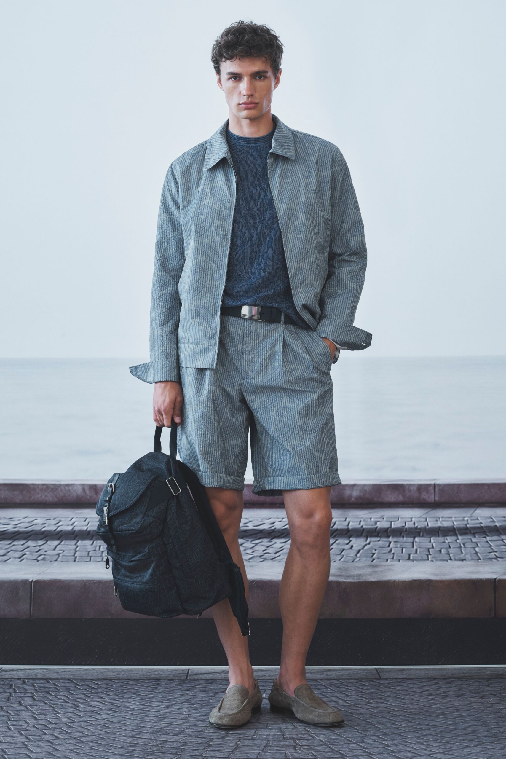 blue cotton relaxed striped shorts