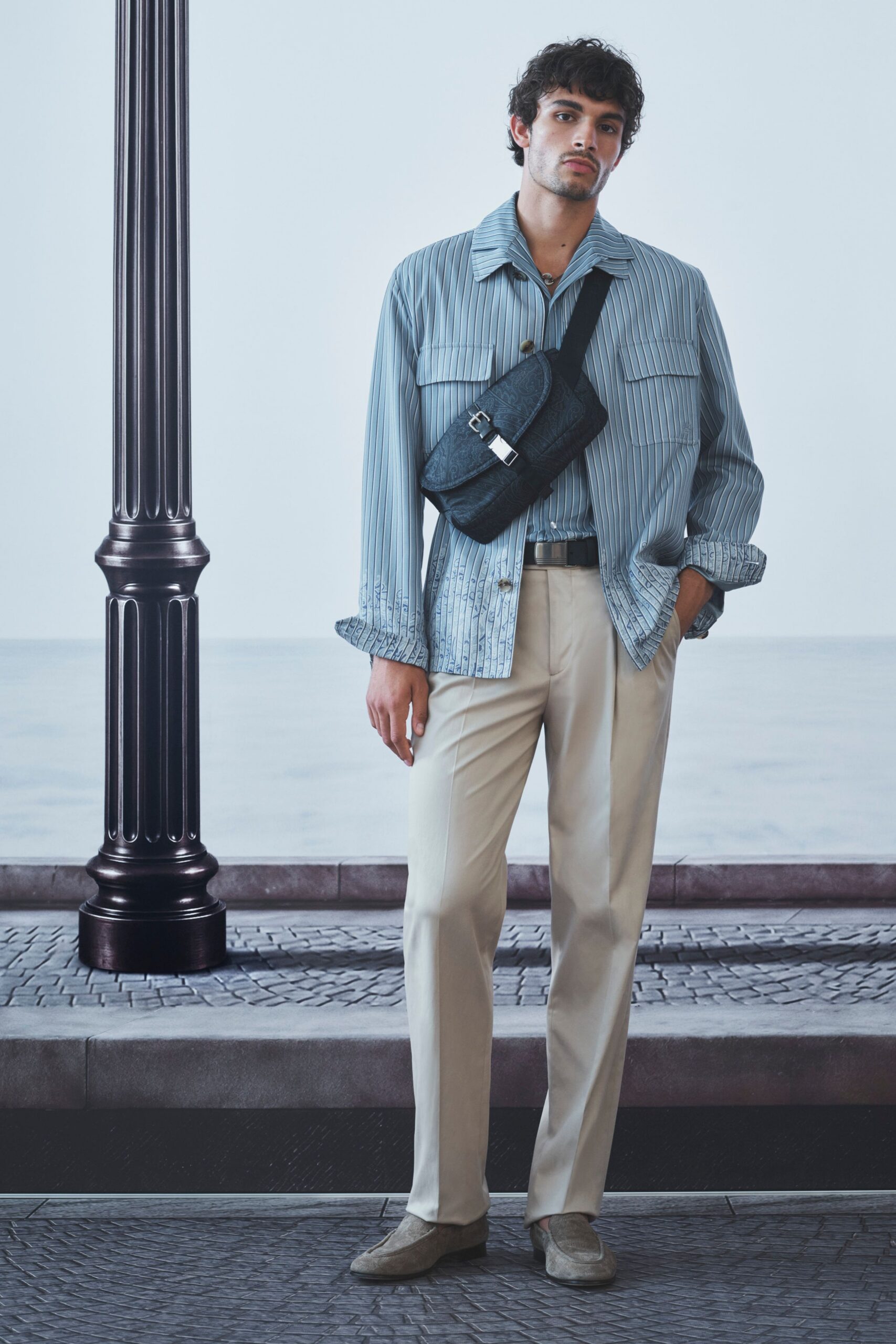 blue striped shirt beige pants