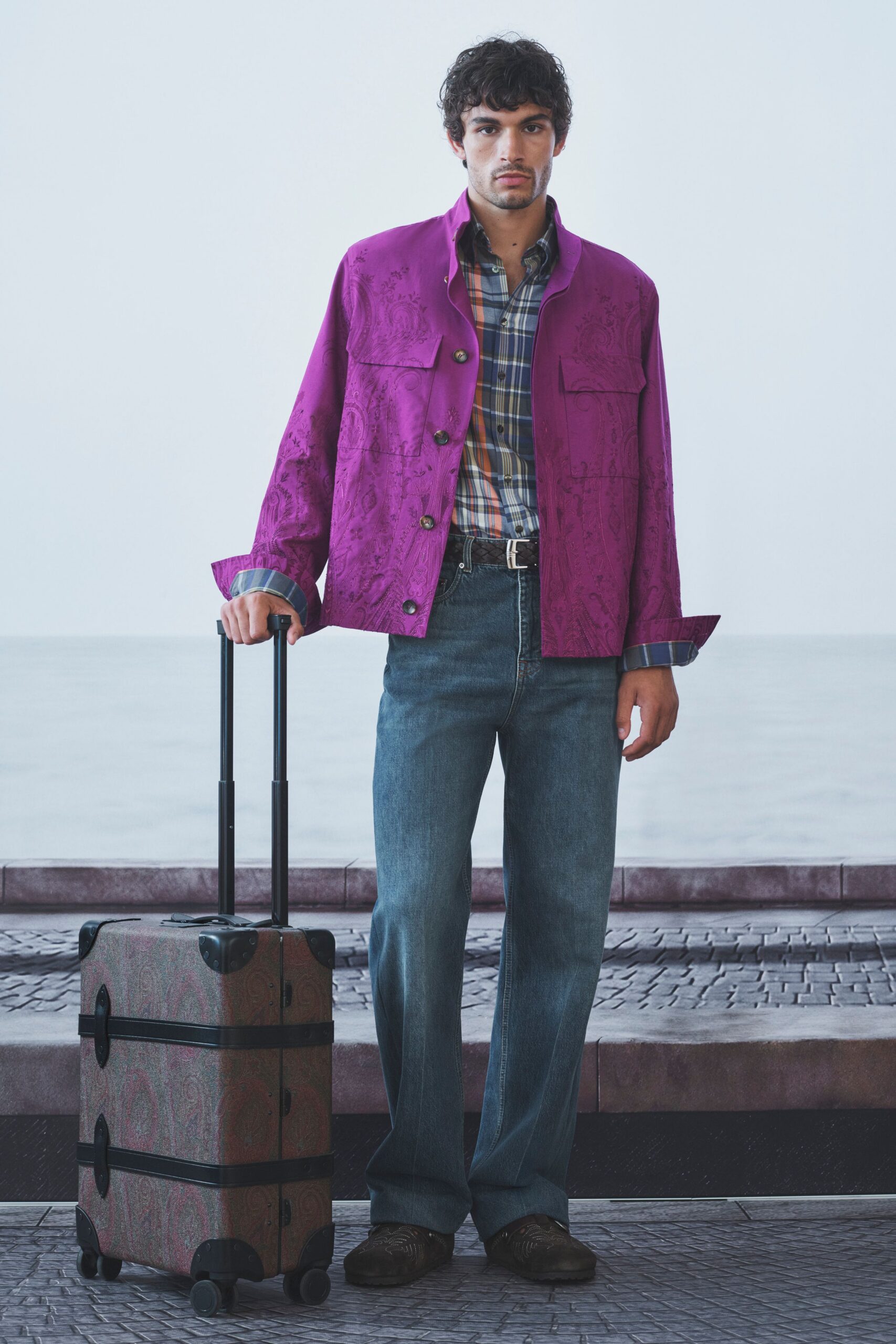 purple jacket with checked shirt