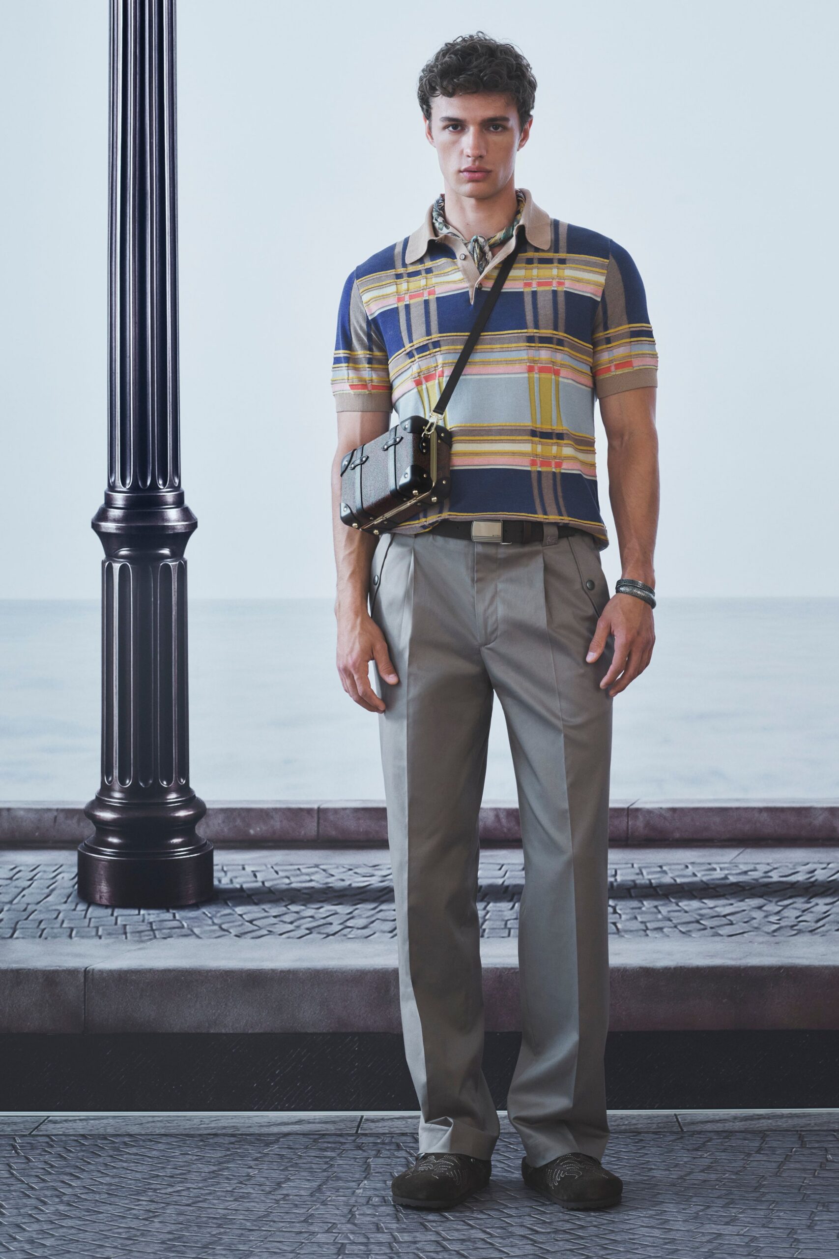 fitted striped shirt with tailored pants