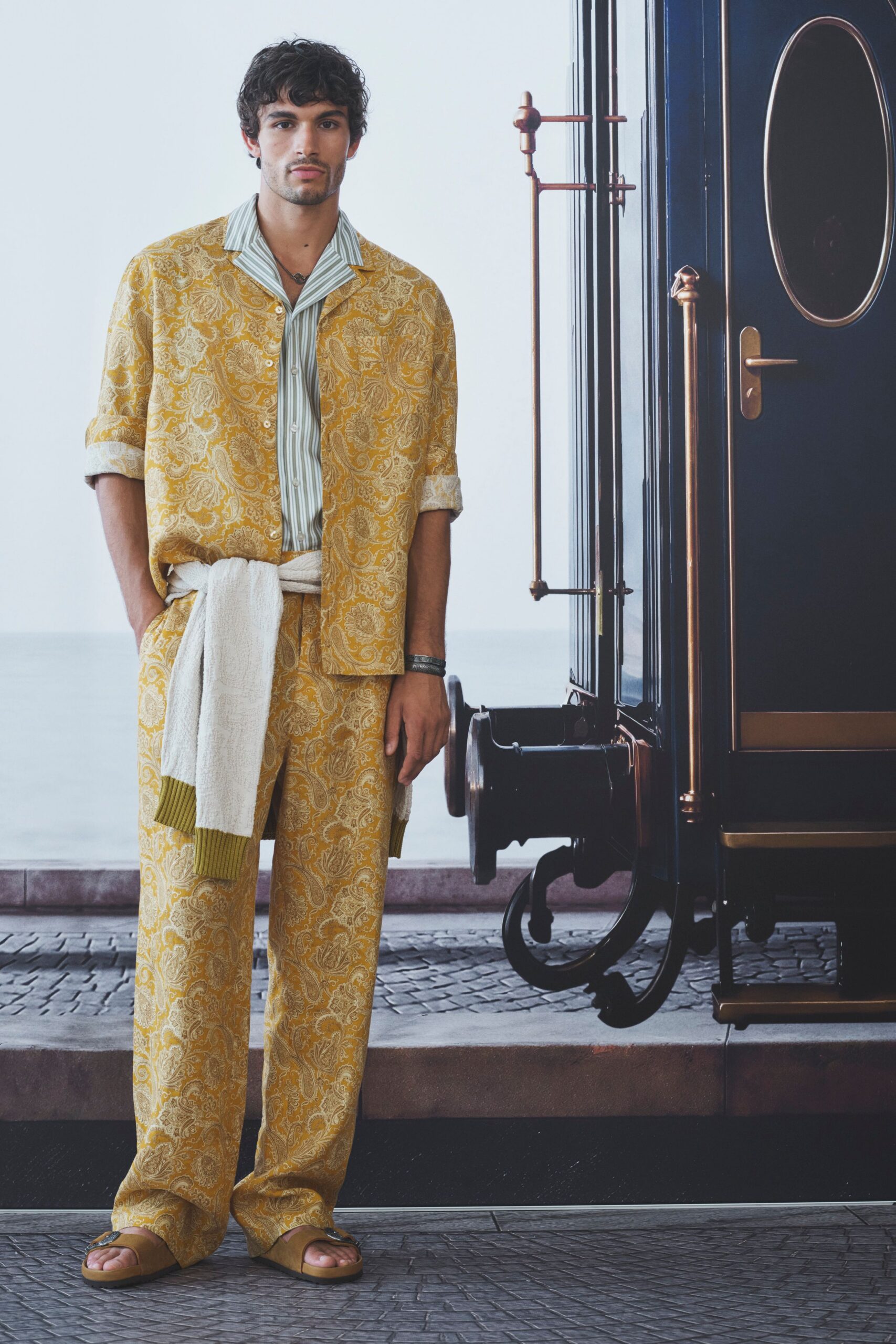 yellow printed jacket and pants