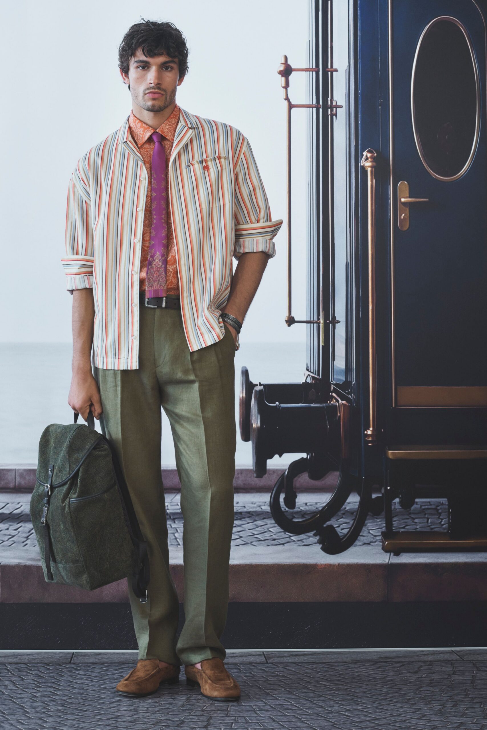 striped shirt and tailored pants