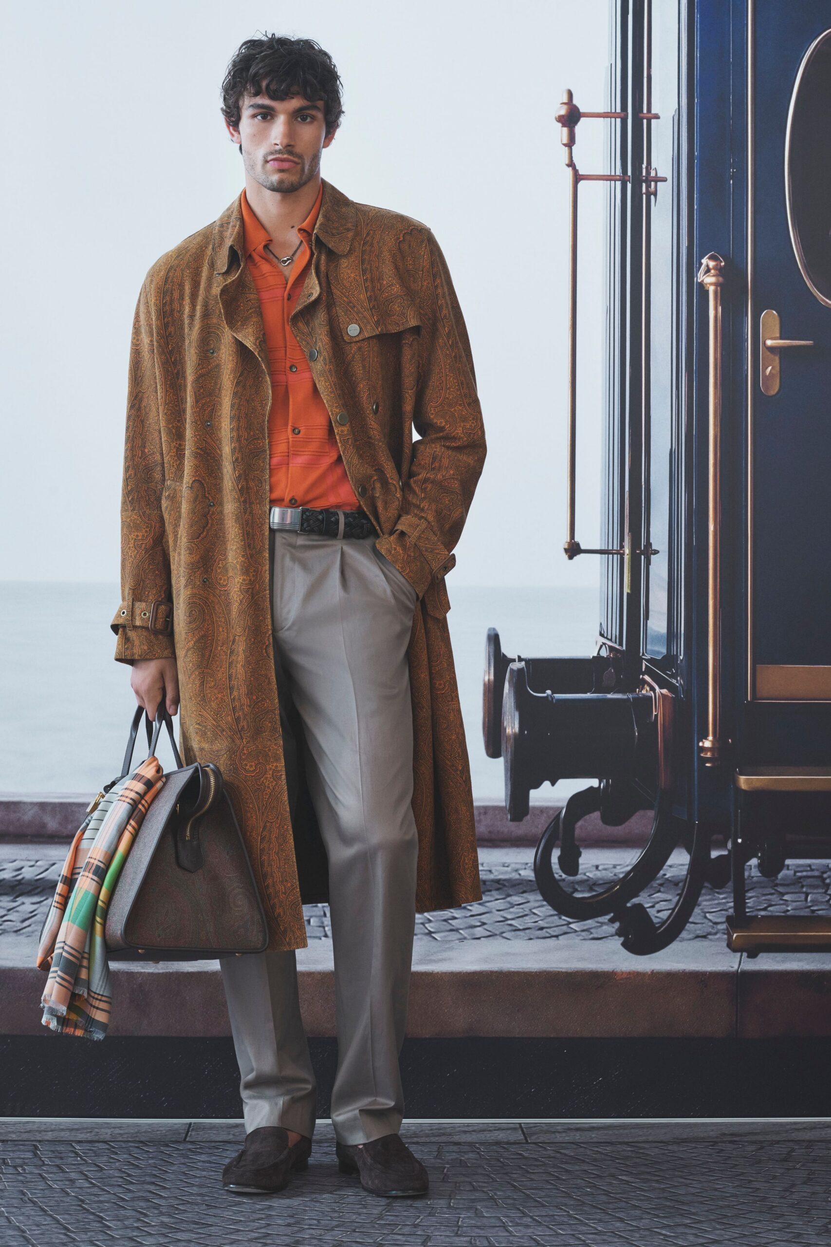 brown printed coat with orange shirt