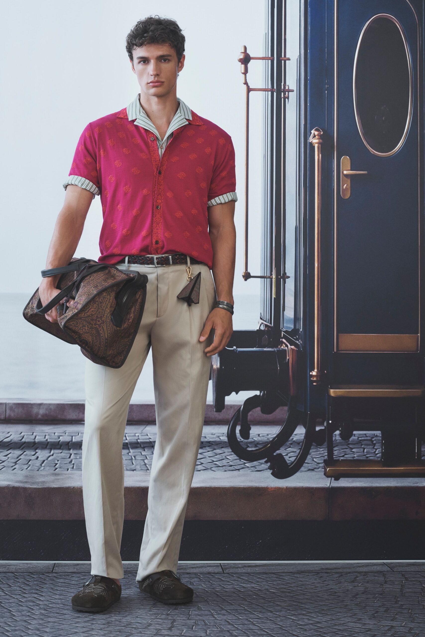 red printed shirt beige pants