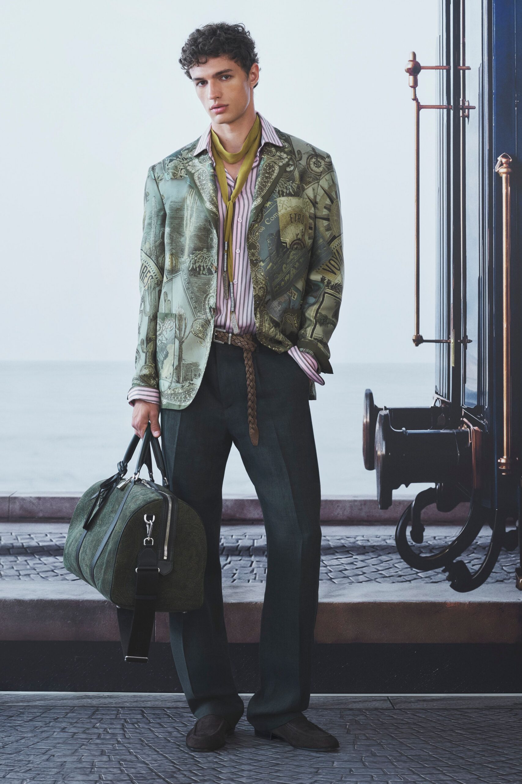 green printed blazer with shirt
