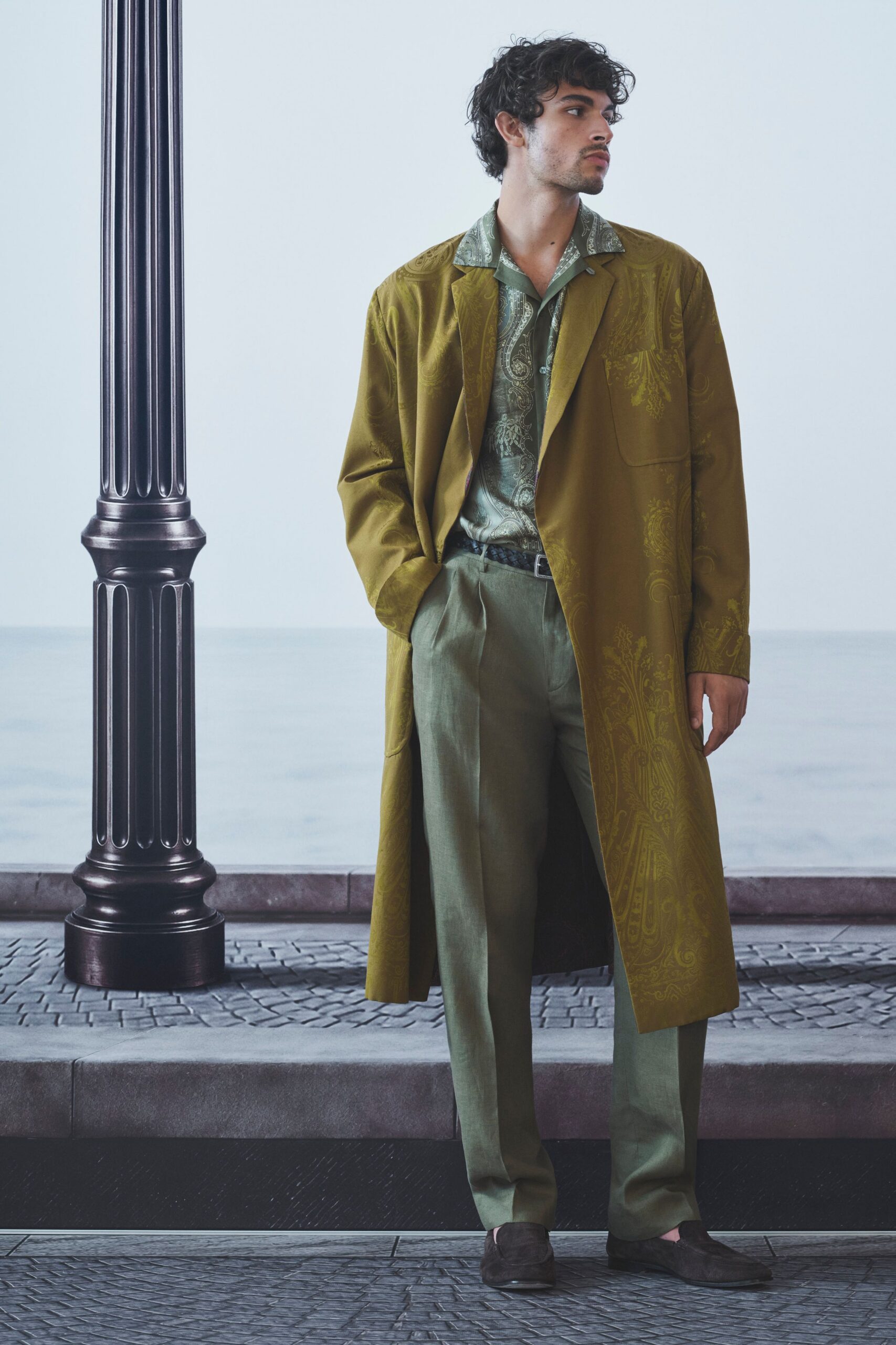 green cotton long-sleeve collared relaxed embroidered coat
