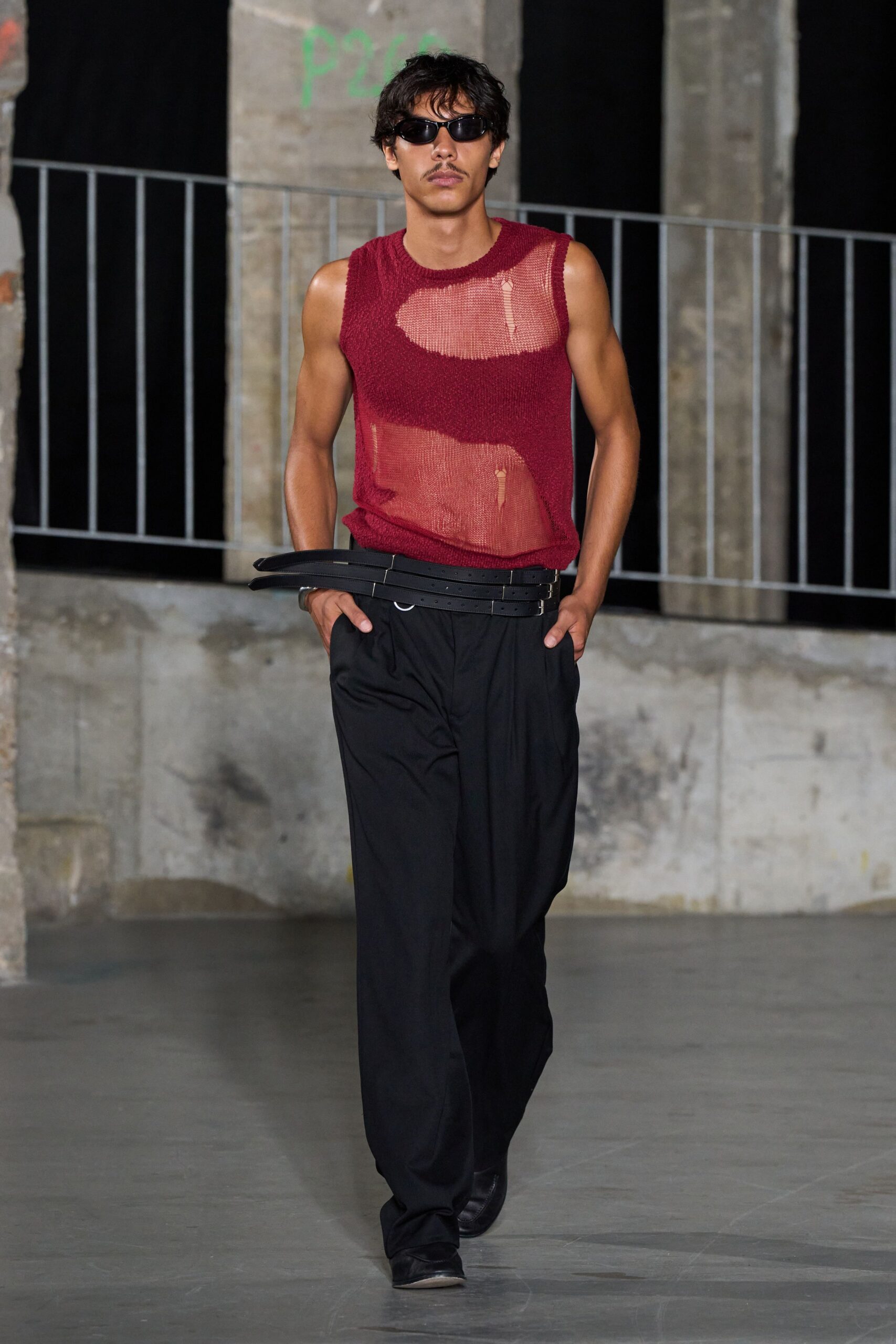 red cotton sleeveless high-neck fitted sheer top