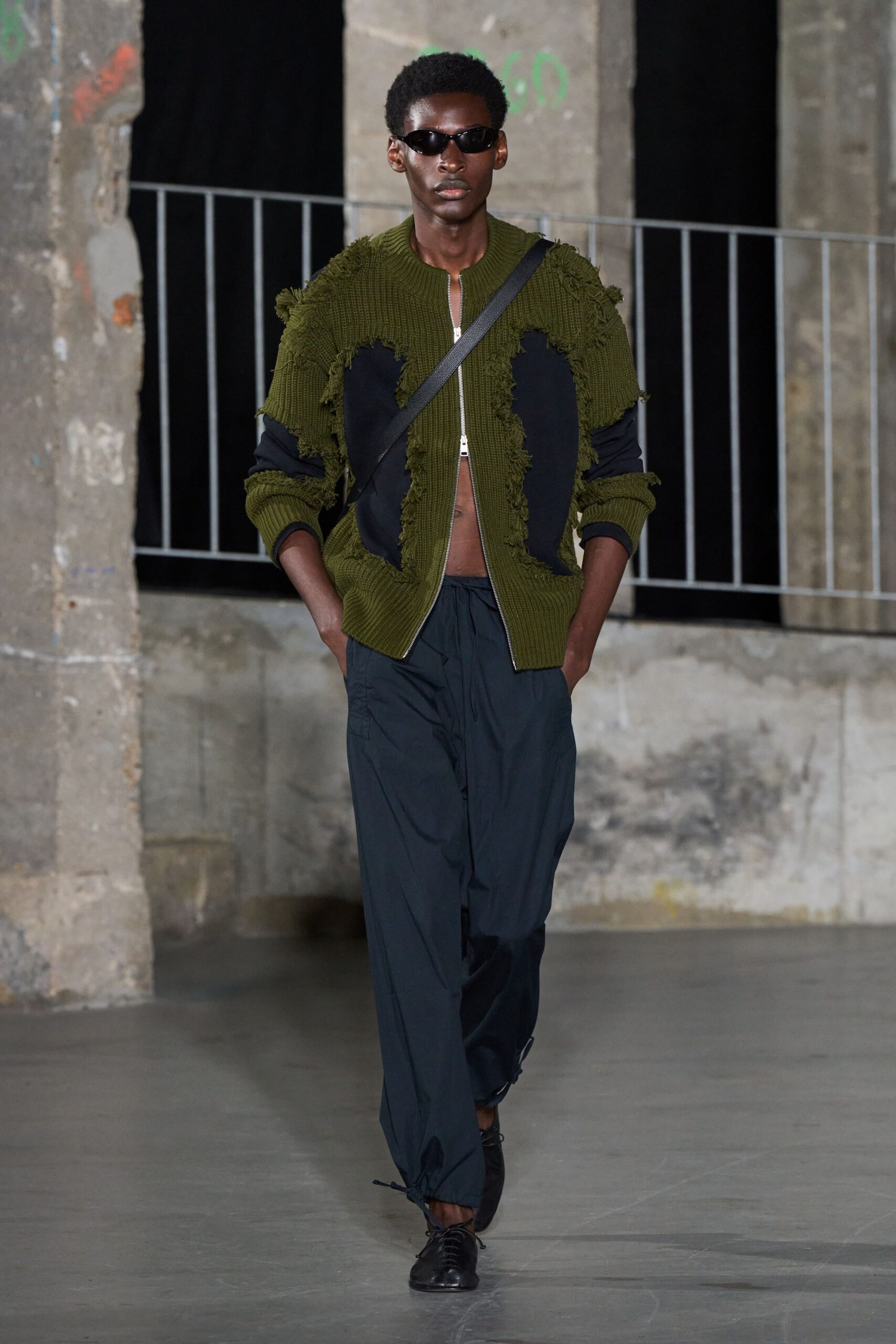 green cotton long-sleeve collared relaxed fringed cardigan