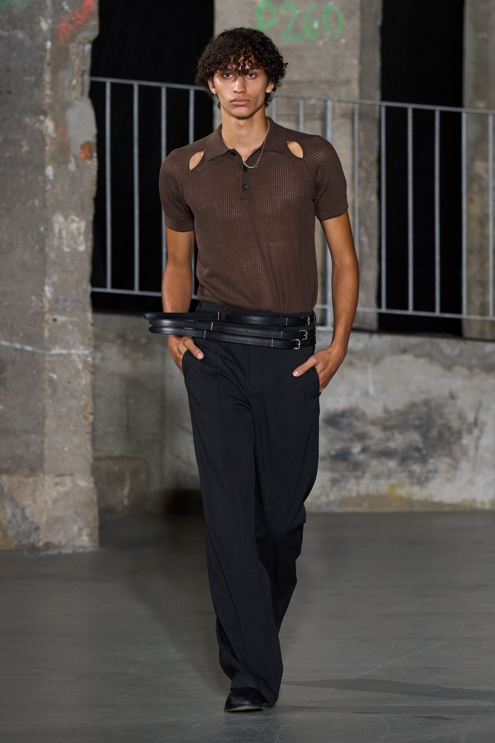 brown cotton short-sleeve collared fitted ribbed top