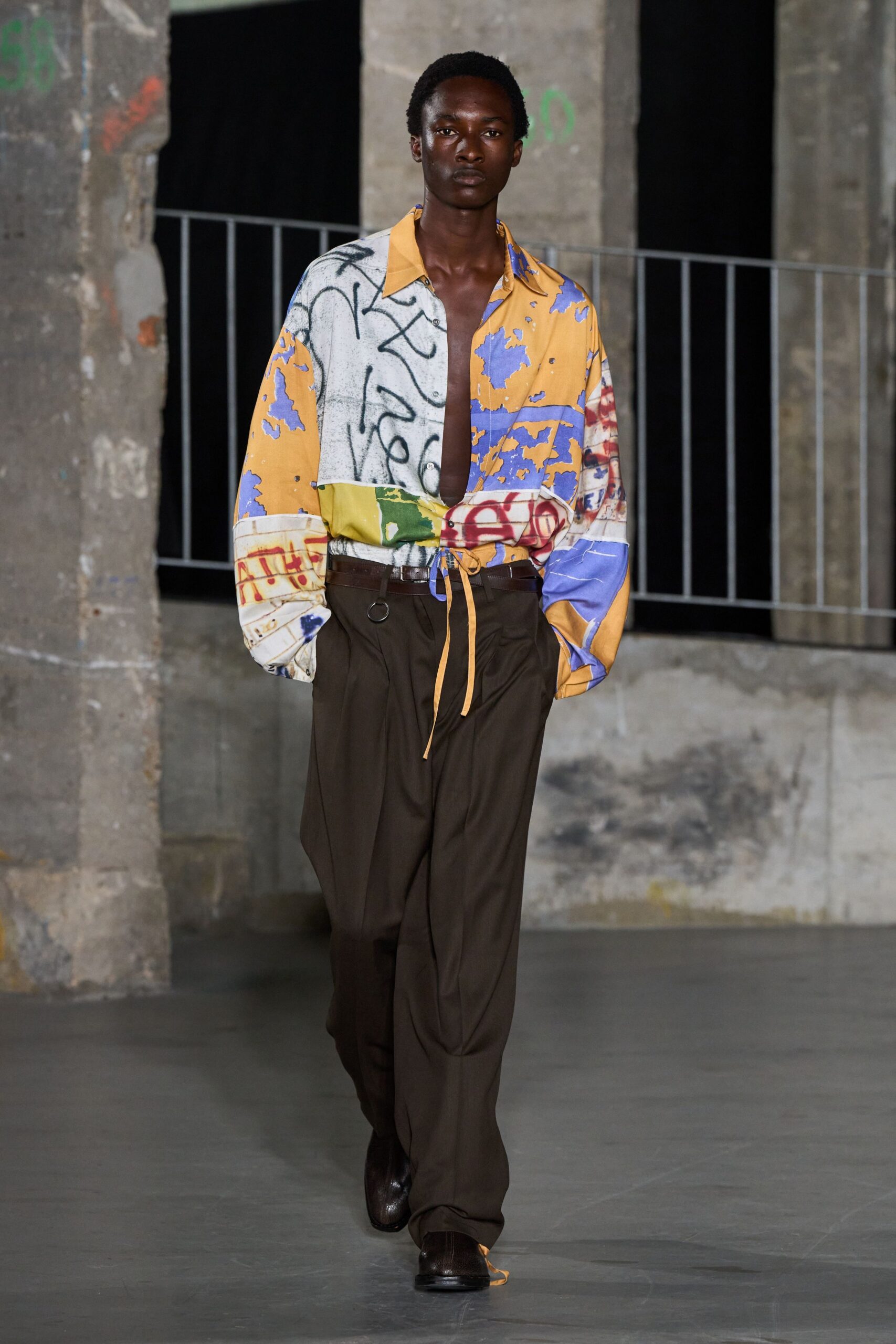 multi-colored relaxed shirt with brown pants