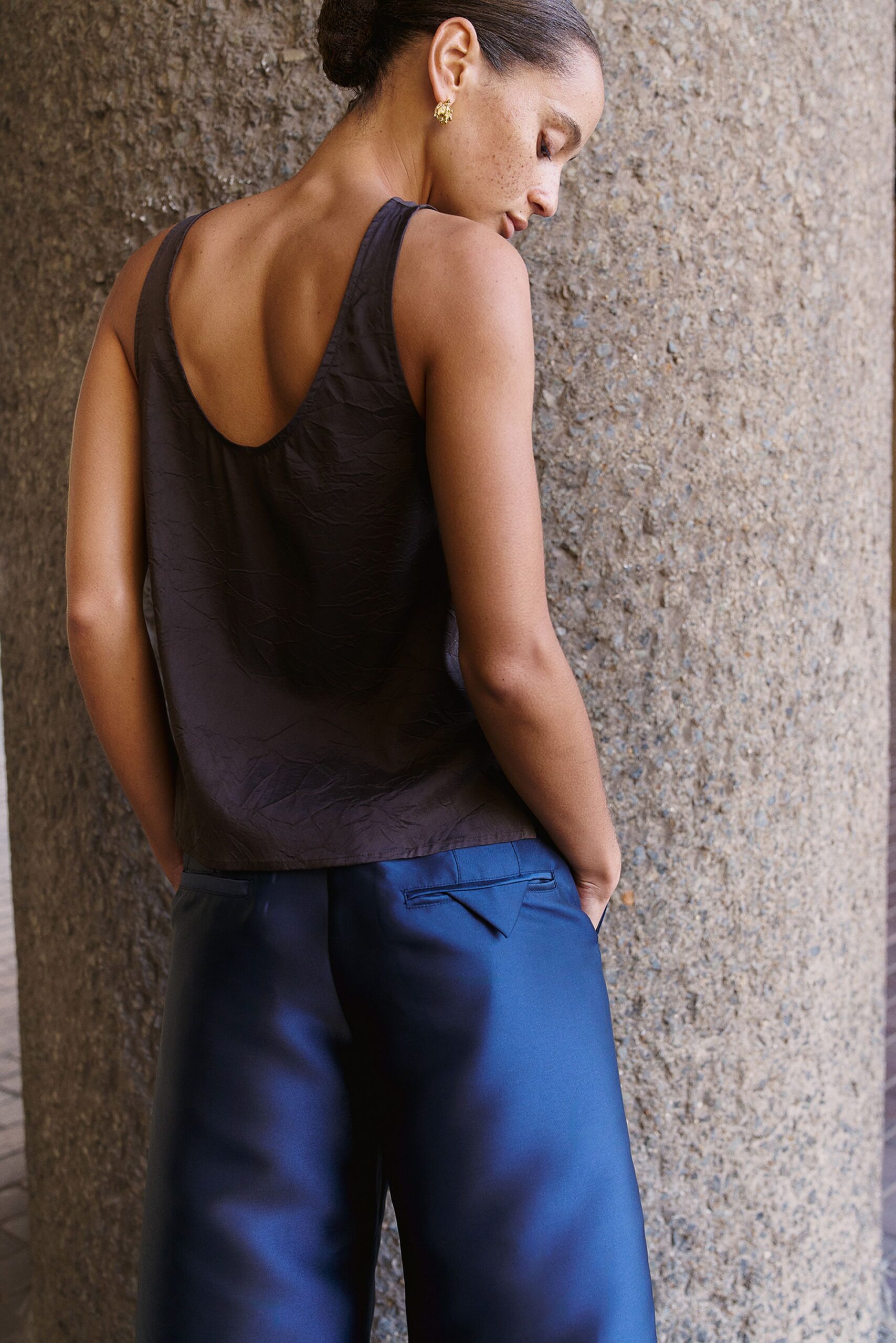 blue silk relaxed wide-leg pants