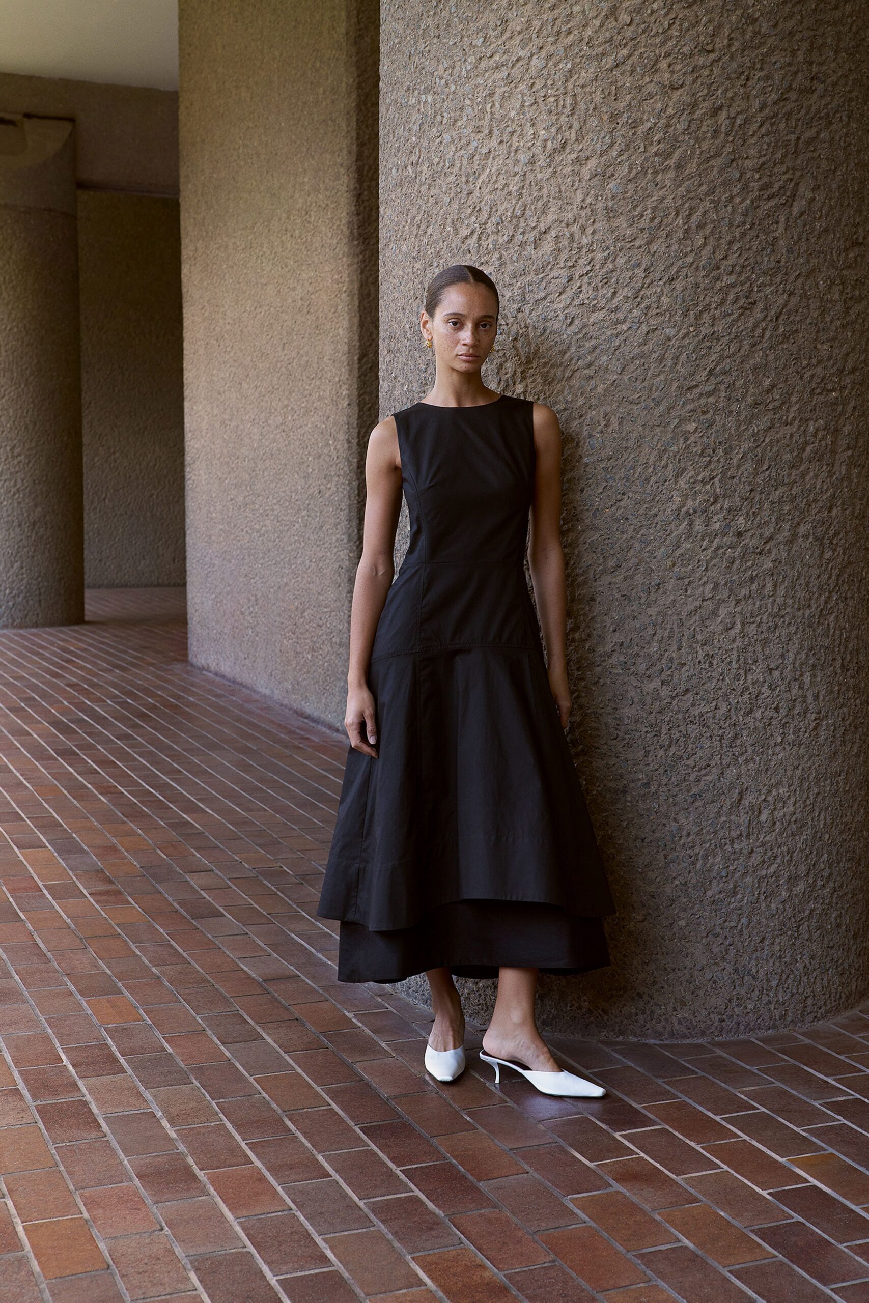 black midi dress with white shoes
