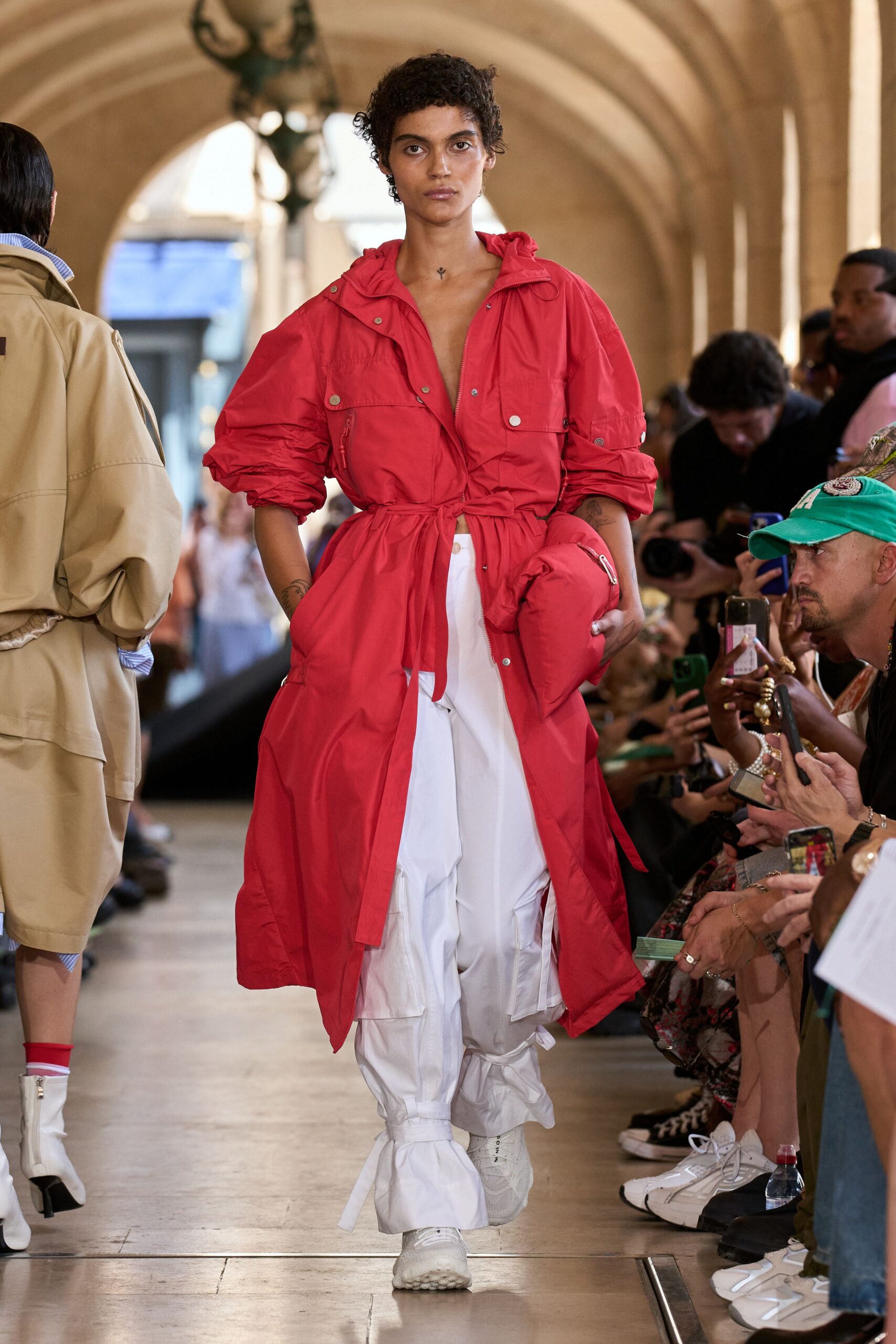 red cotton long-sleeve collared relaxed belted midi coat