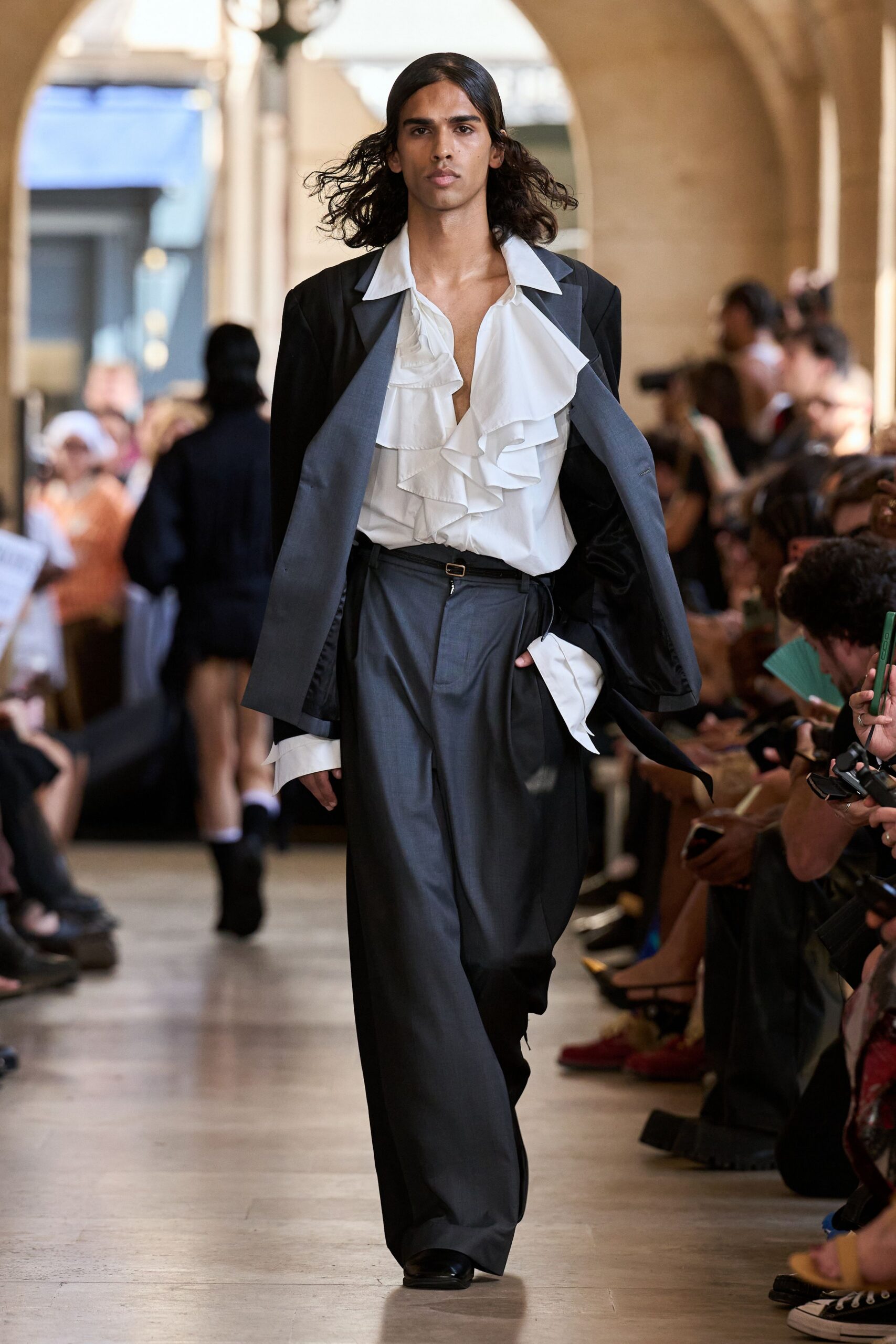 white cotton long-sleeve collared relaxed ruffled blouse