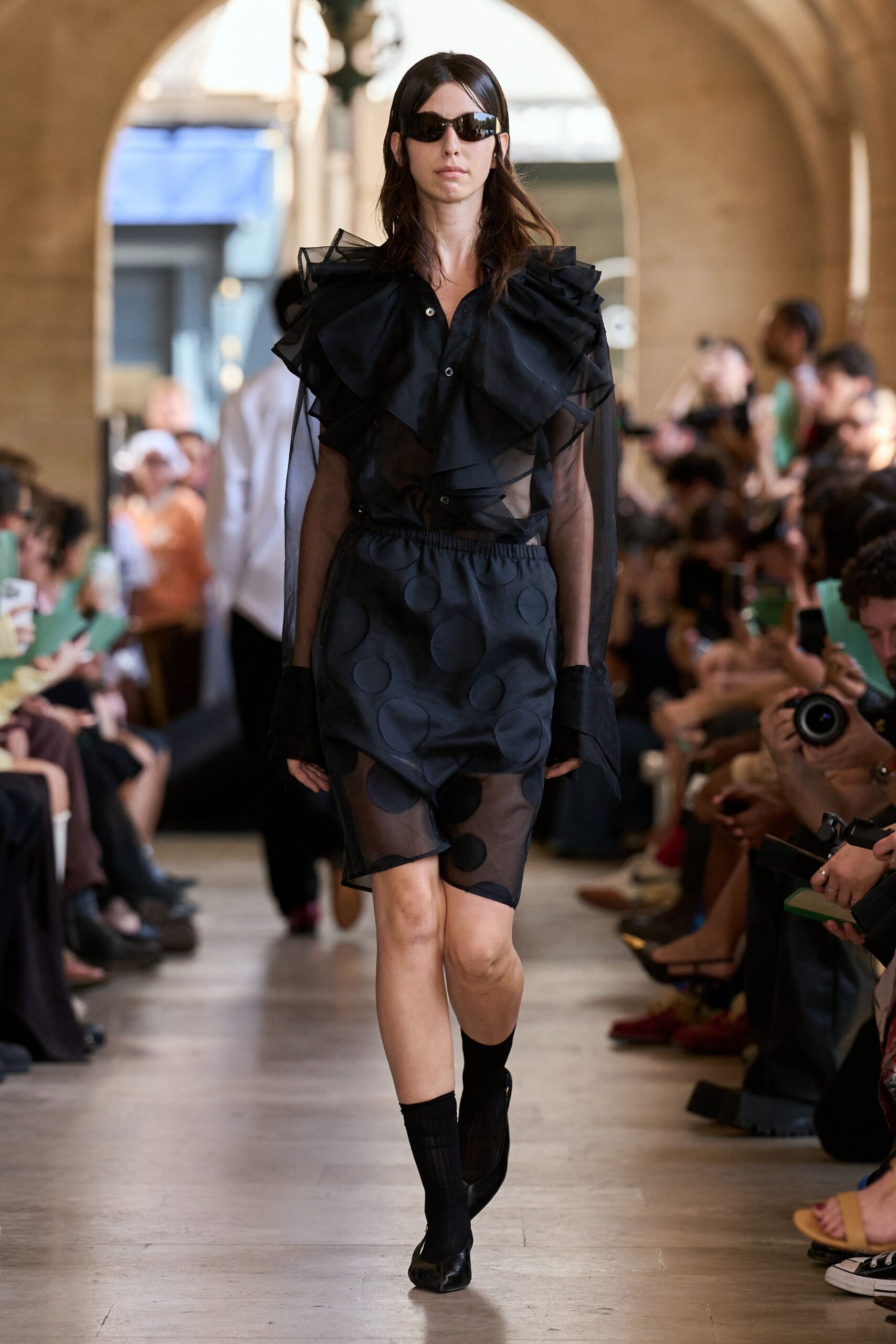 black chiffon long-sleeve collared fitted ruffled sheer blouse