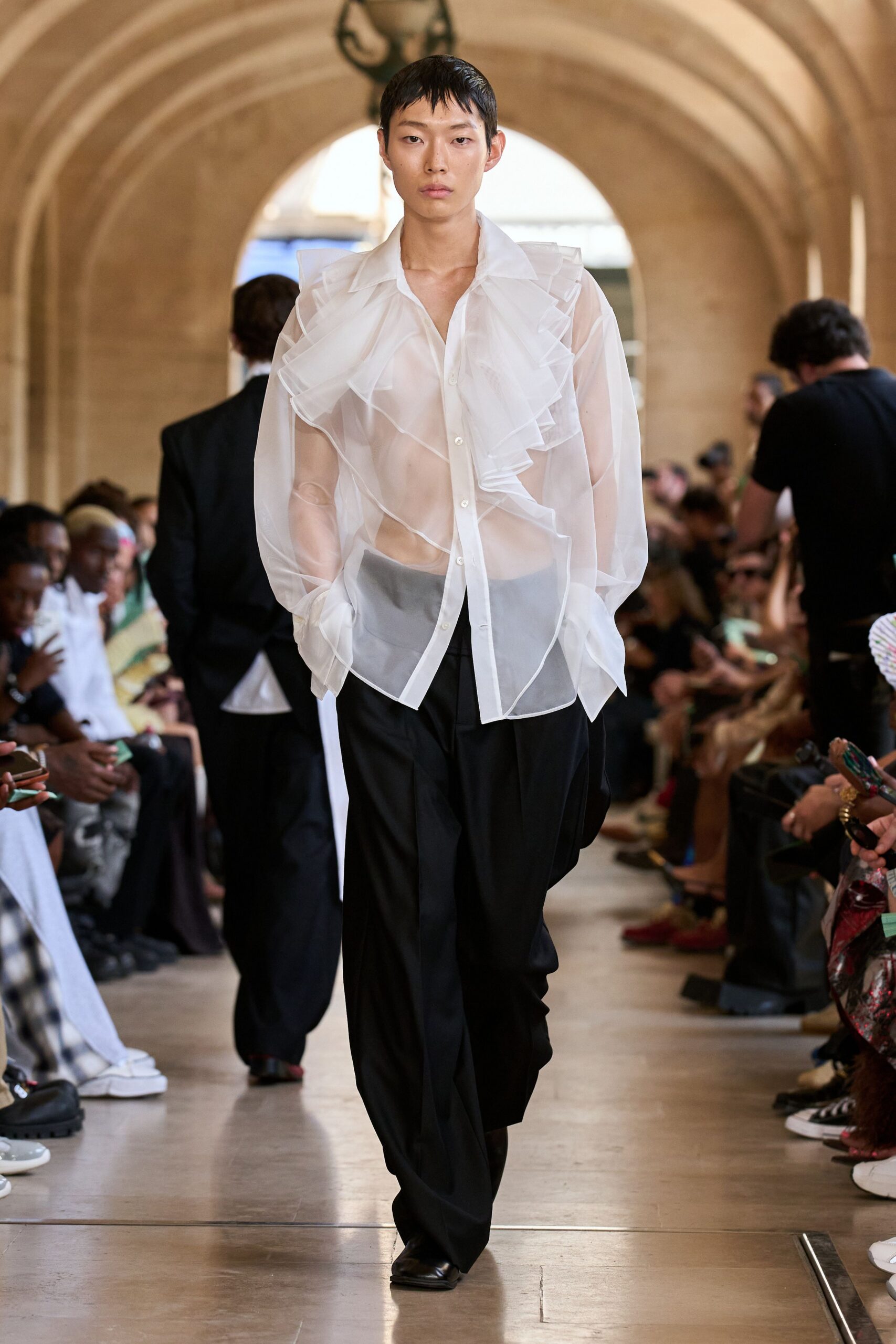 white chiffon long-sleeve collared relaxed ruffled sheer shirt
