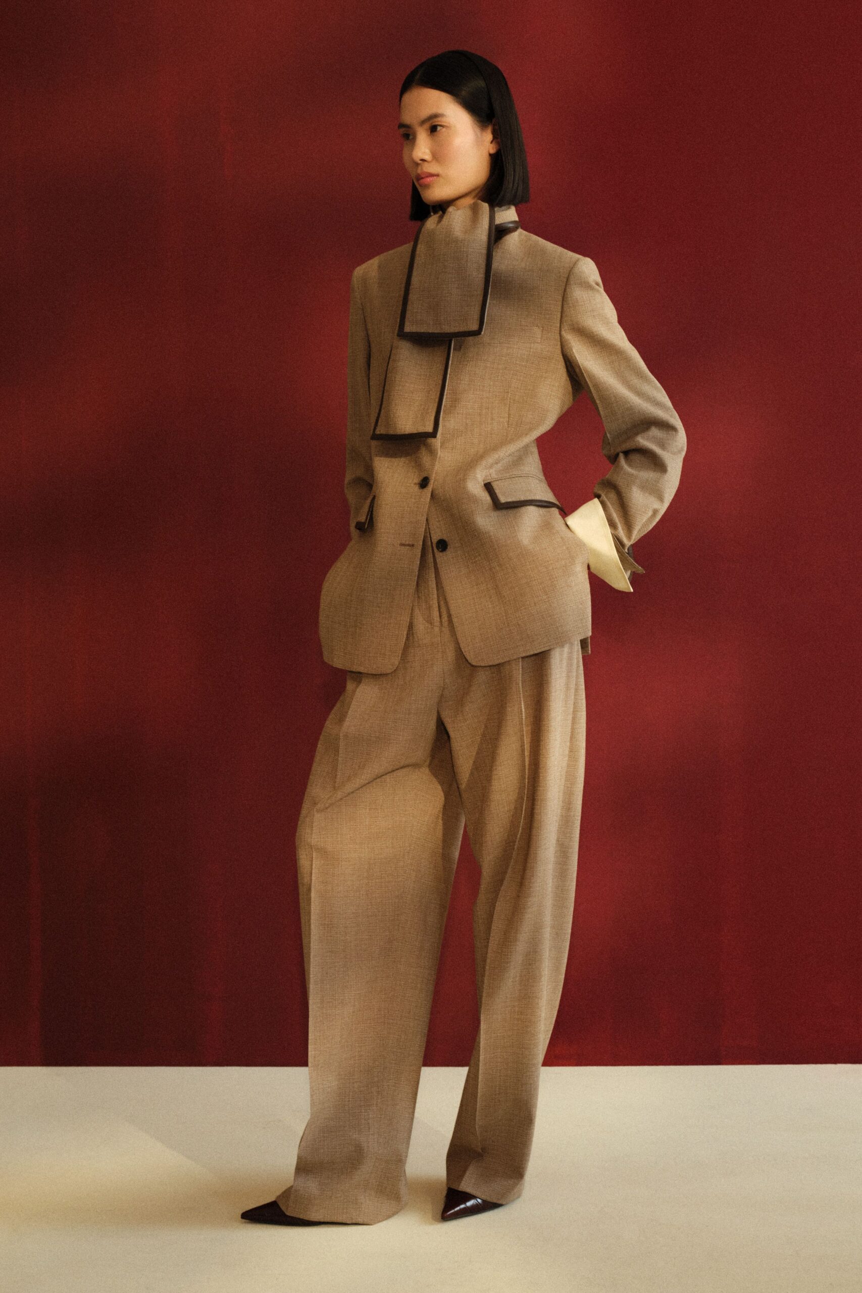 beige wool long-sleeve collared structured buttoned blazer