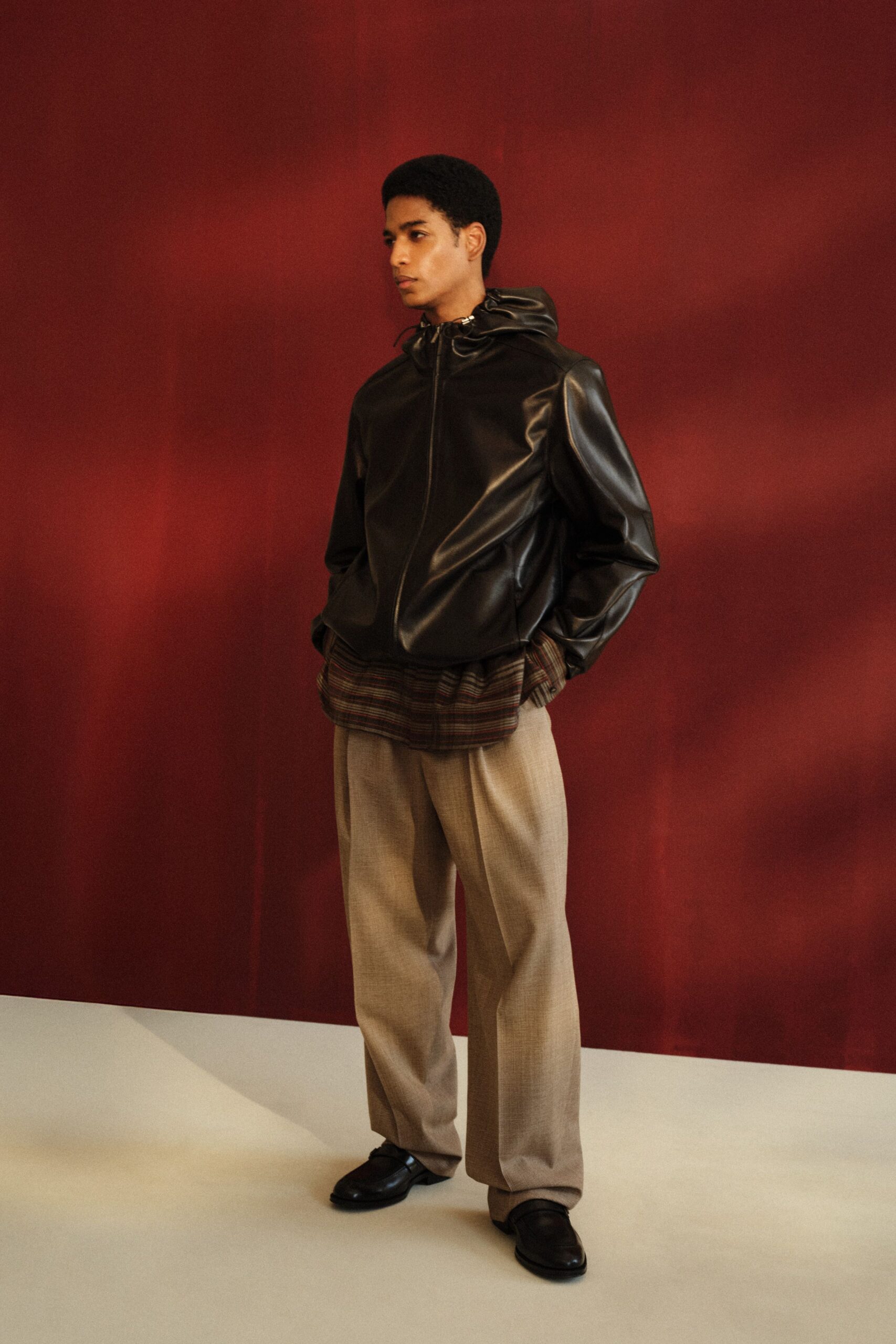black leather hooded relaxed zippered jacket