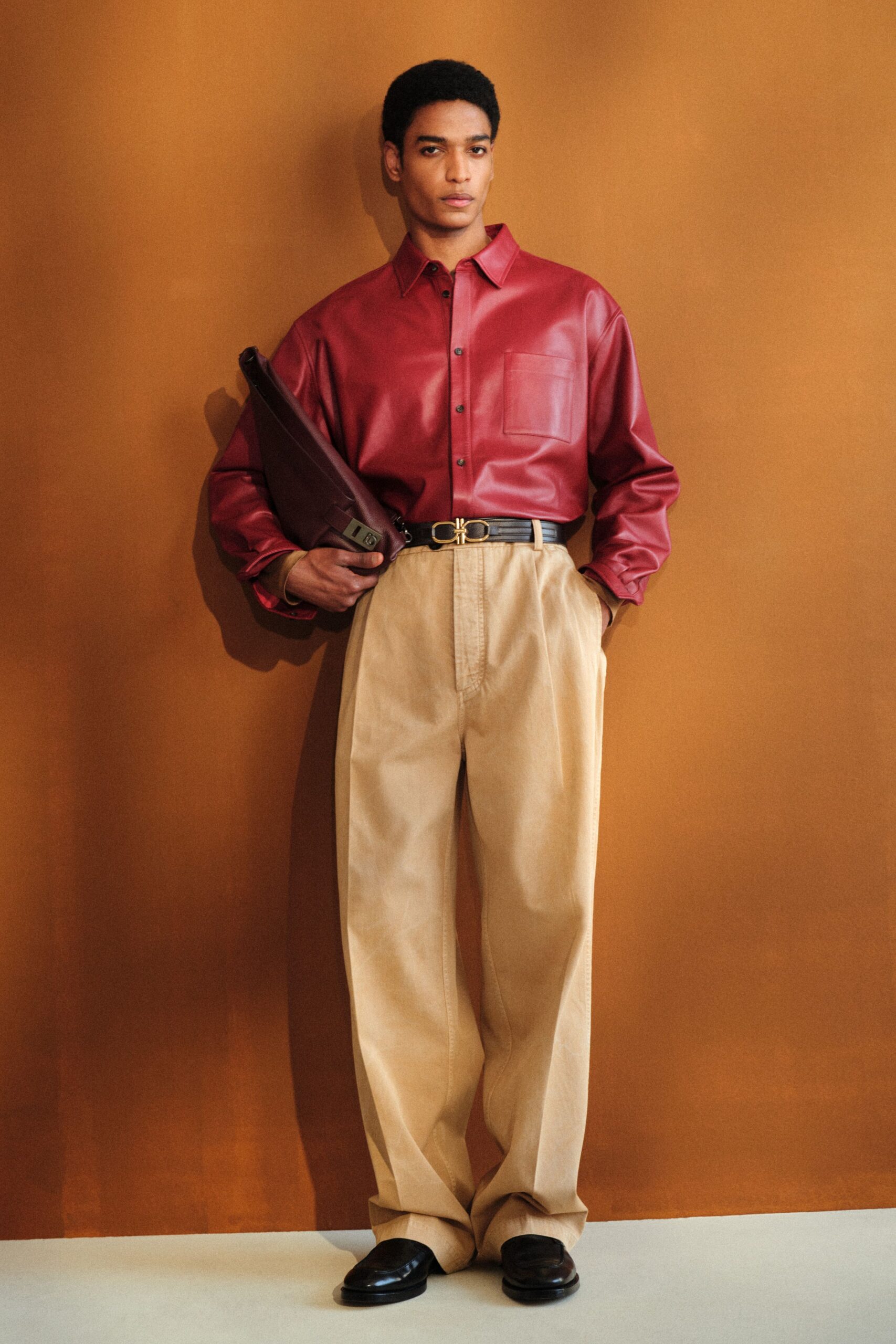 red leather long-sleeve collared relaxed shirt