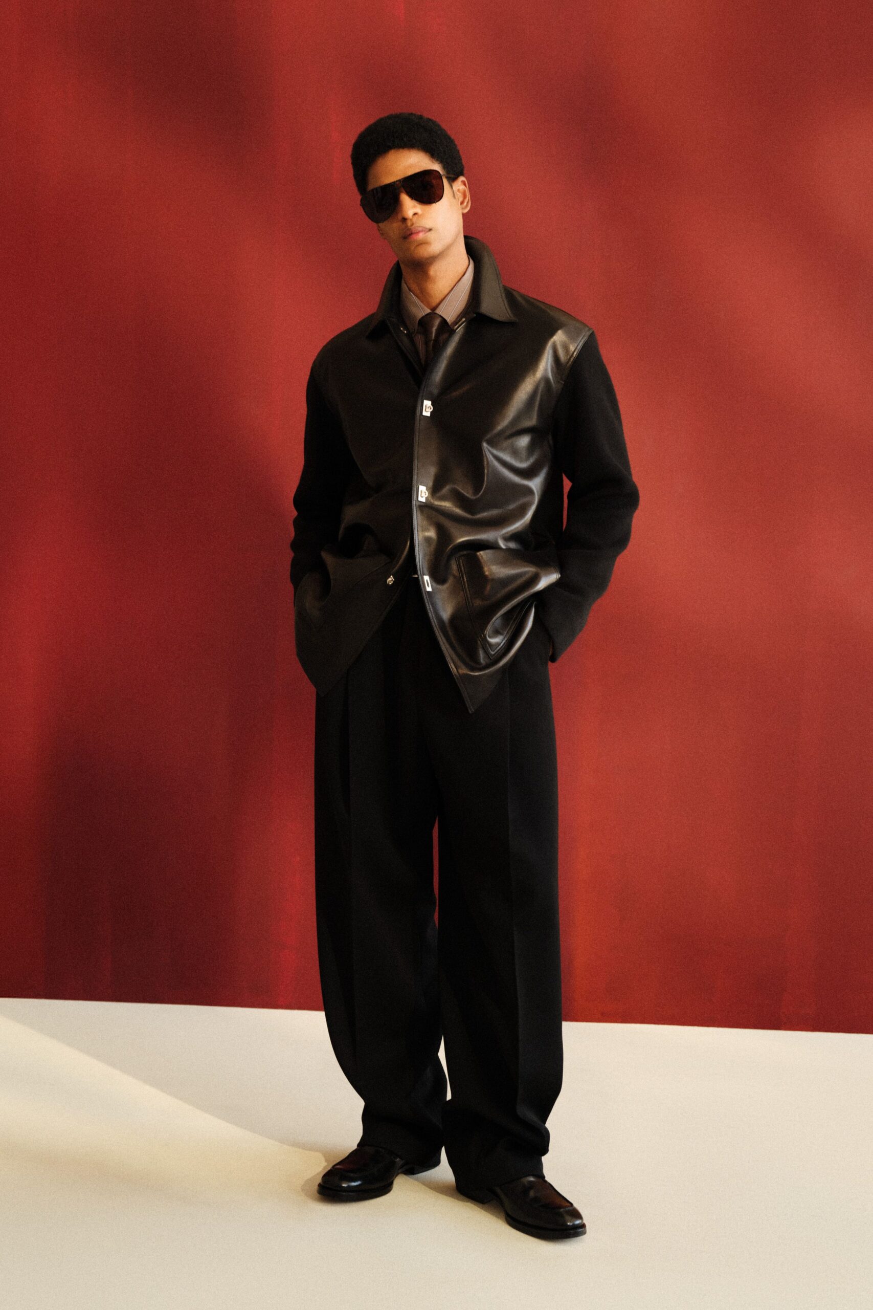 black leather long-sleeve collared relaxed shirt