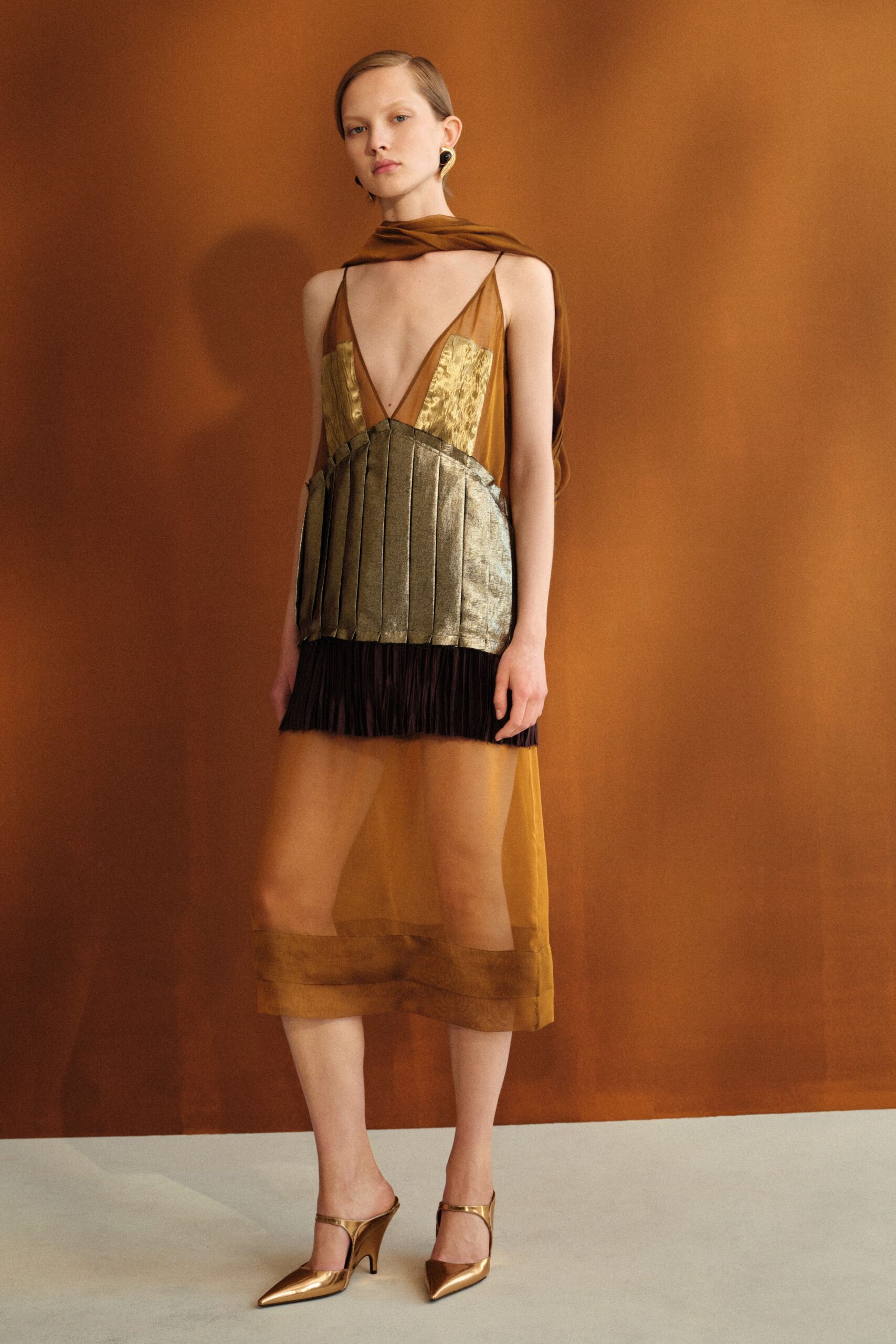 gold silk sleeveless v-neck fitted pleated fringed dress