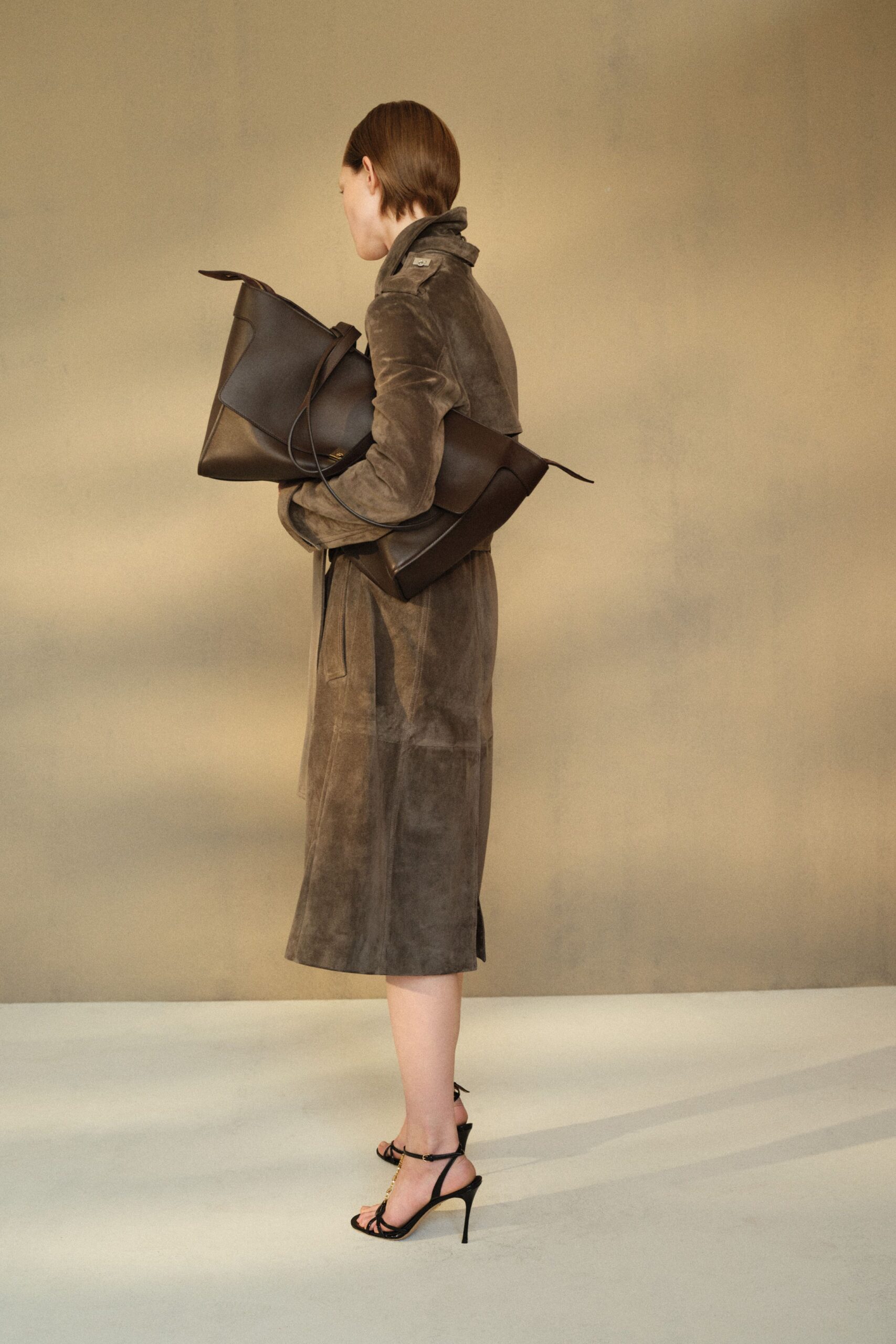 brown suede long-sleeve collared fitted pockets midi coat