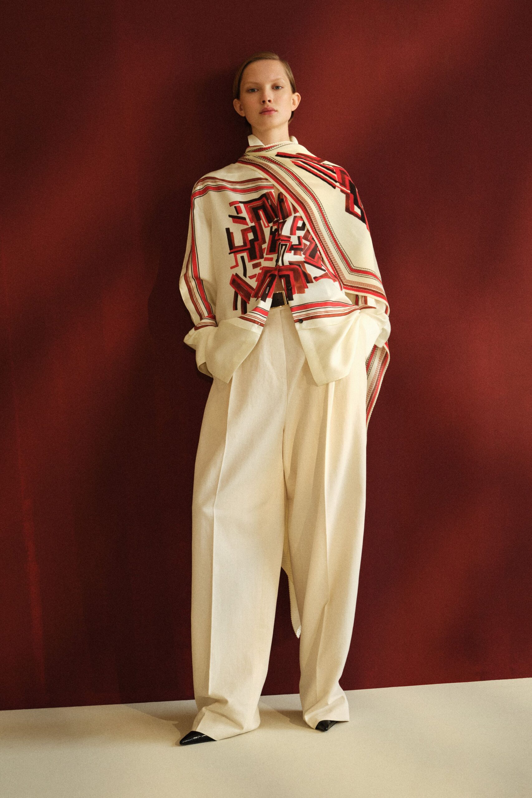 white silk long-sleeve relaxed printed top